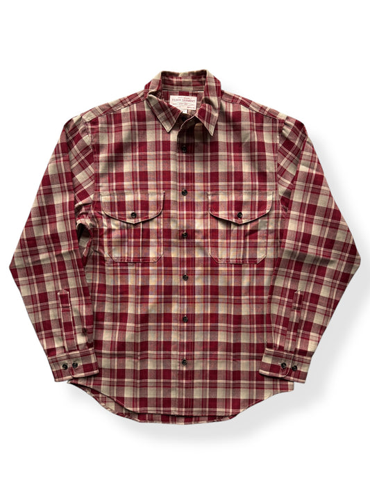 Front of Filson Merino Wool Red Tan Plaid Guide Shirt SZ S