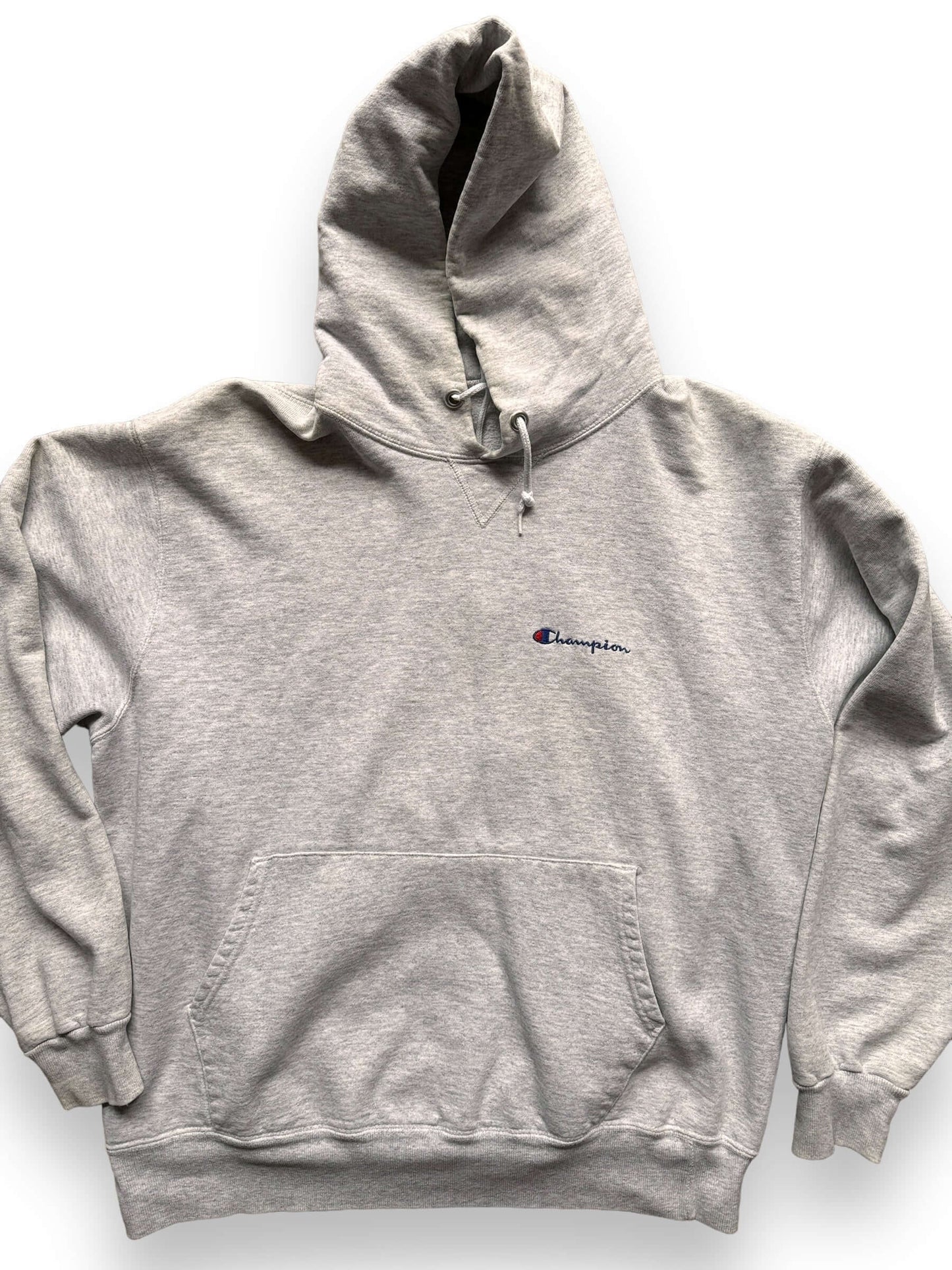 Front Detail on Vintage Champion Heather Grey Hoodie SZ XL