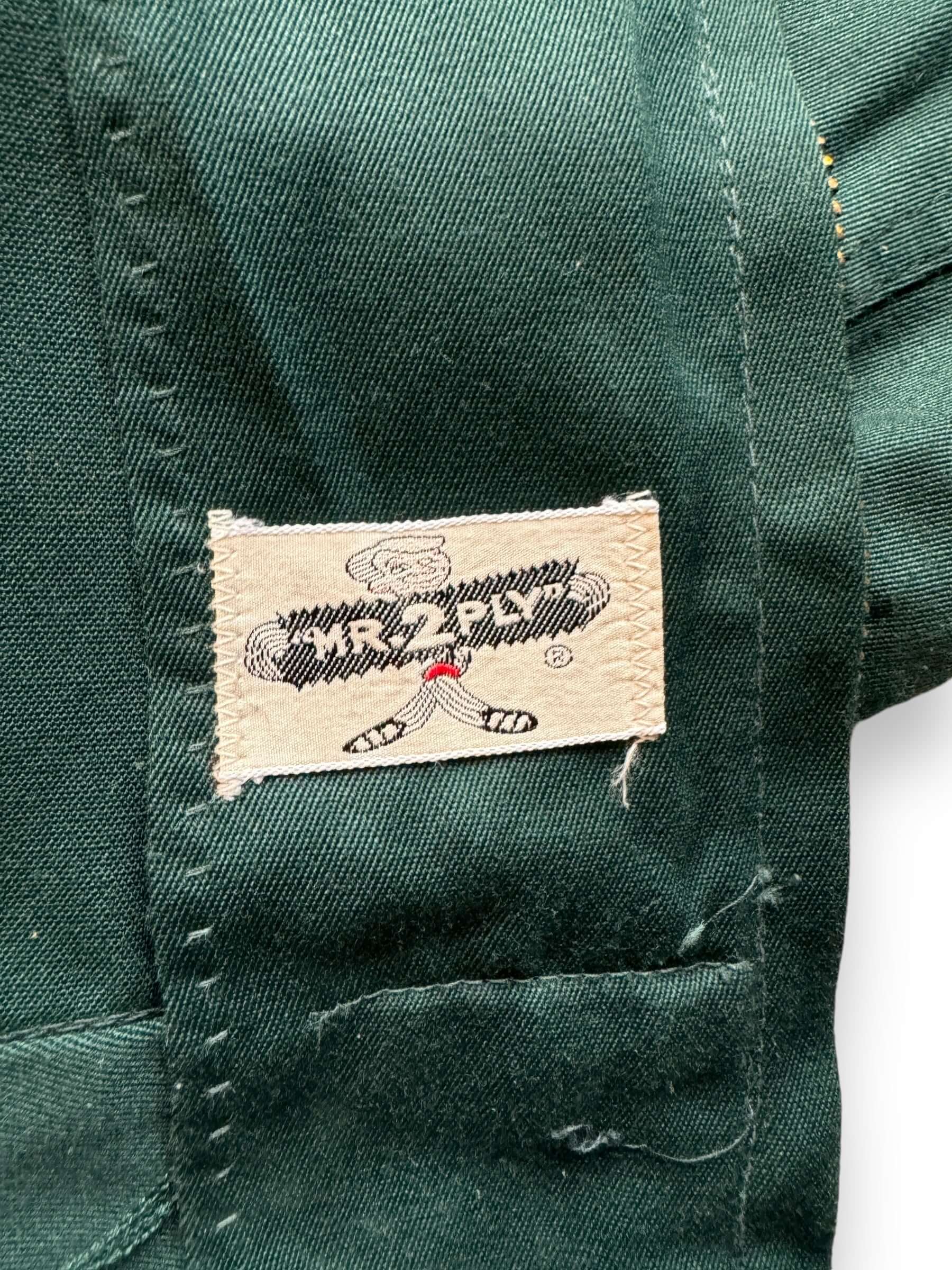 inside label on Vintage Green Mr 2 Ply Gabardine Jacket SZ 44