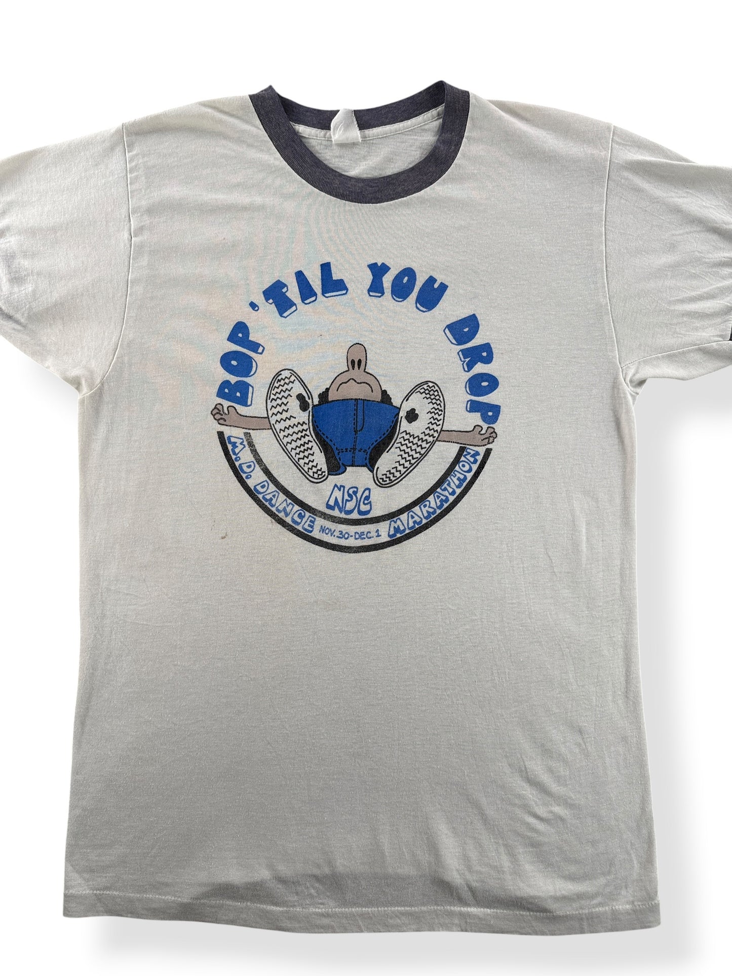 Front Close Up of Vintage 70s Era Bop Til You Drop Olympia Beer Ringer Tee SZ S