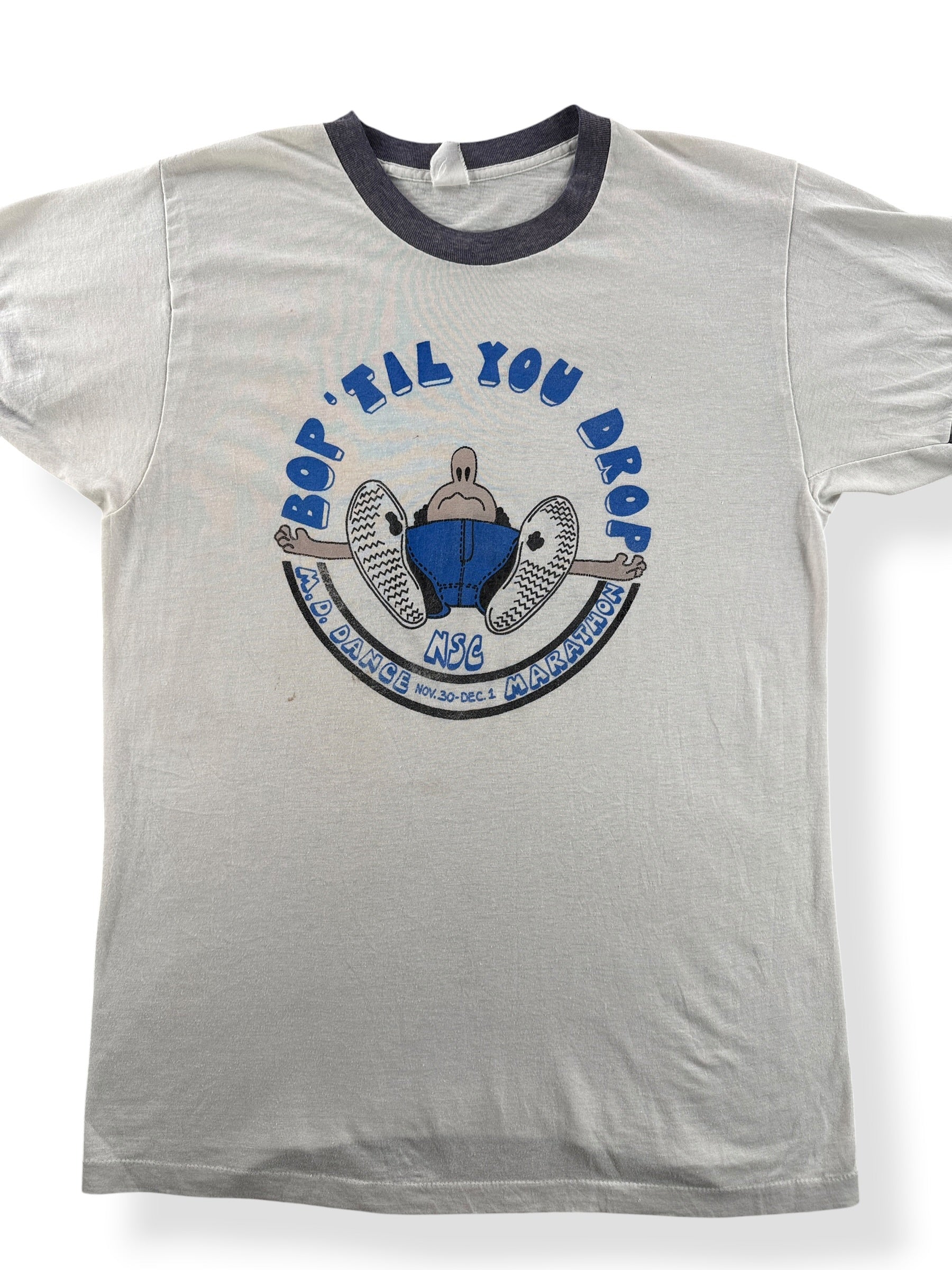 Front Close Up of Vintage 70s Era Bop Til You Drop Olympia Beer Ringer Tee SZ S