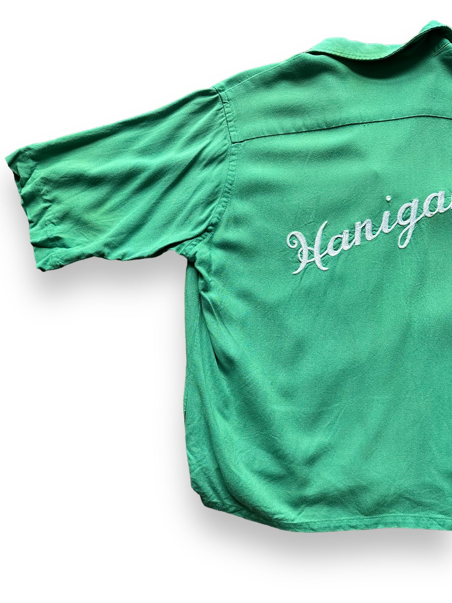 back left of Vintage Hanigans Ladies Rayon Bowling Shirt SZ 40 | Vintage Bowling Shirt Seattle | Barn Owl Vintage Seattle