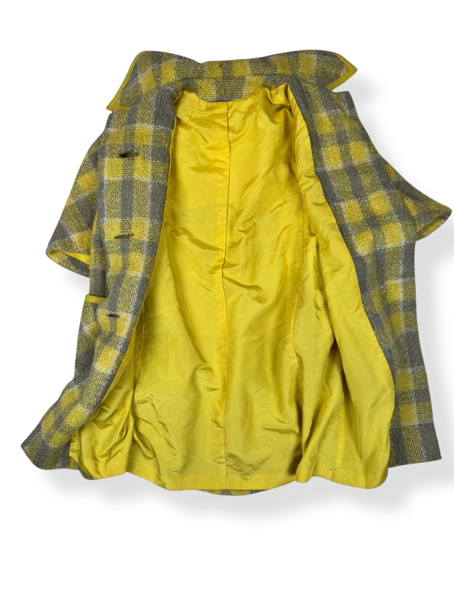 Open view of 1960s Yellow/Gray Mohair Capelet Coat L