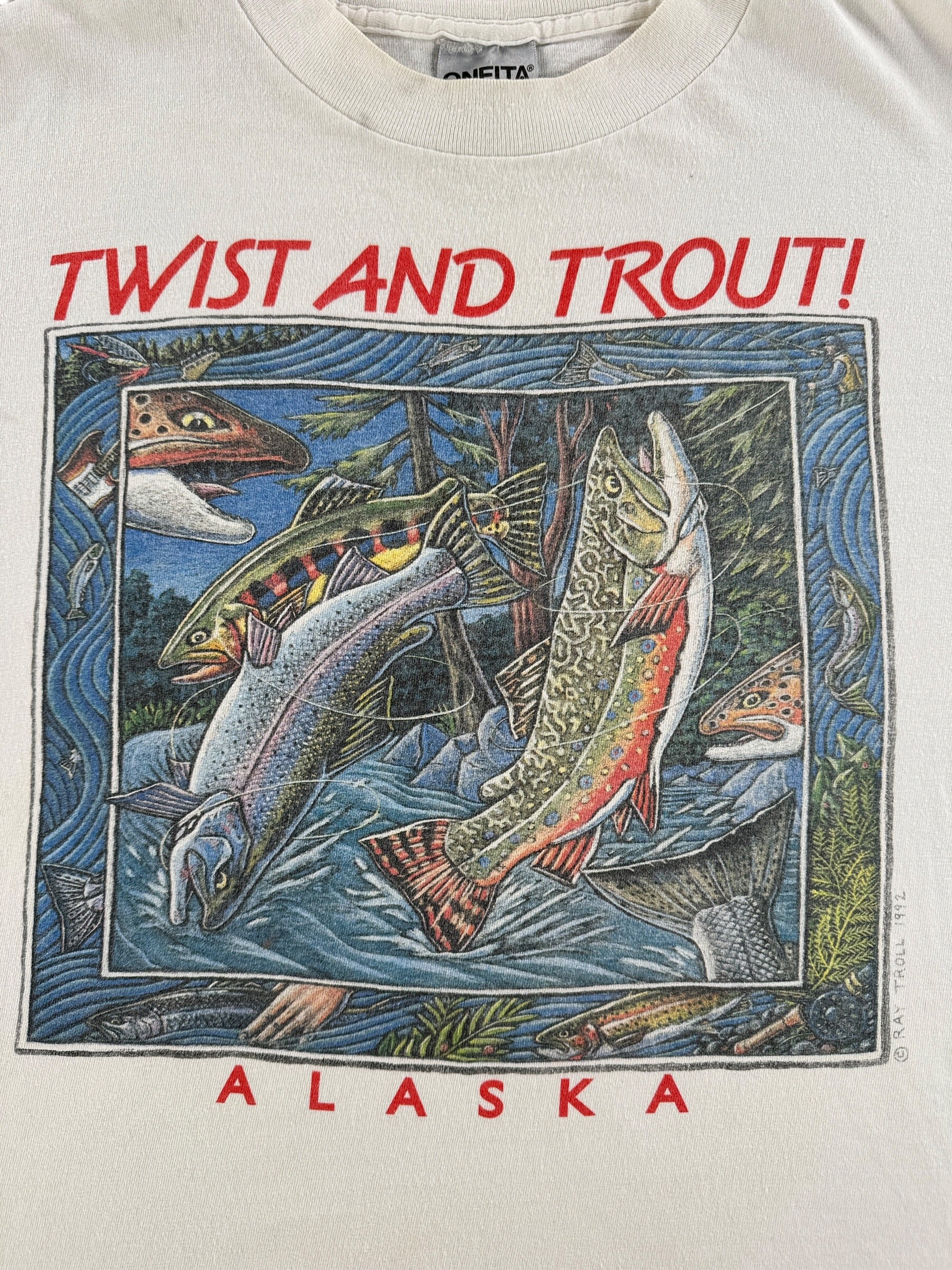 Graphic of Vintage 90s Ray Troll Twist and Trout Tee SZ L
