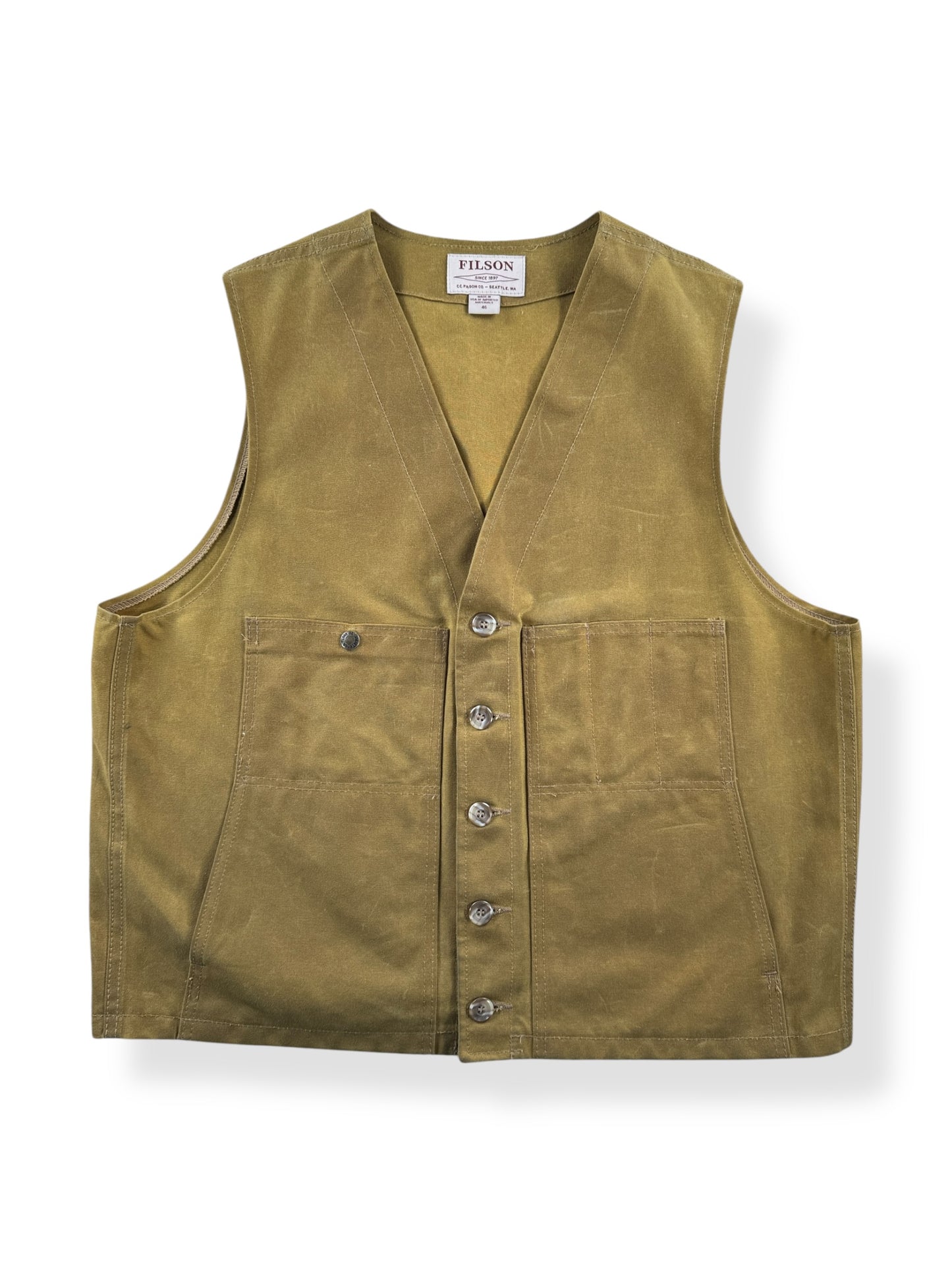 Front of Filson Dark Tan Tin Cloth Vest SZ 46