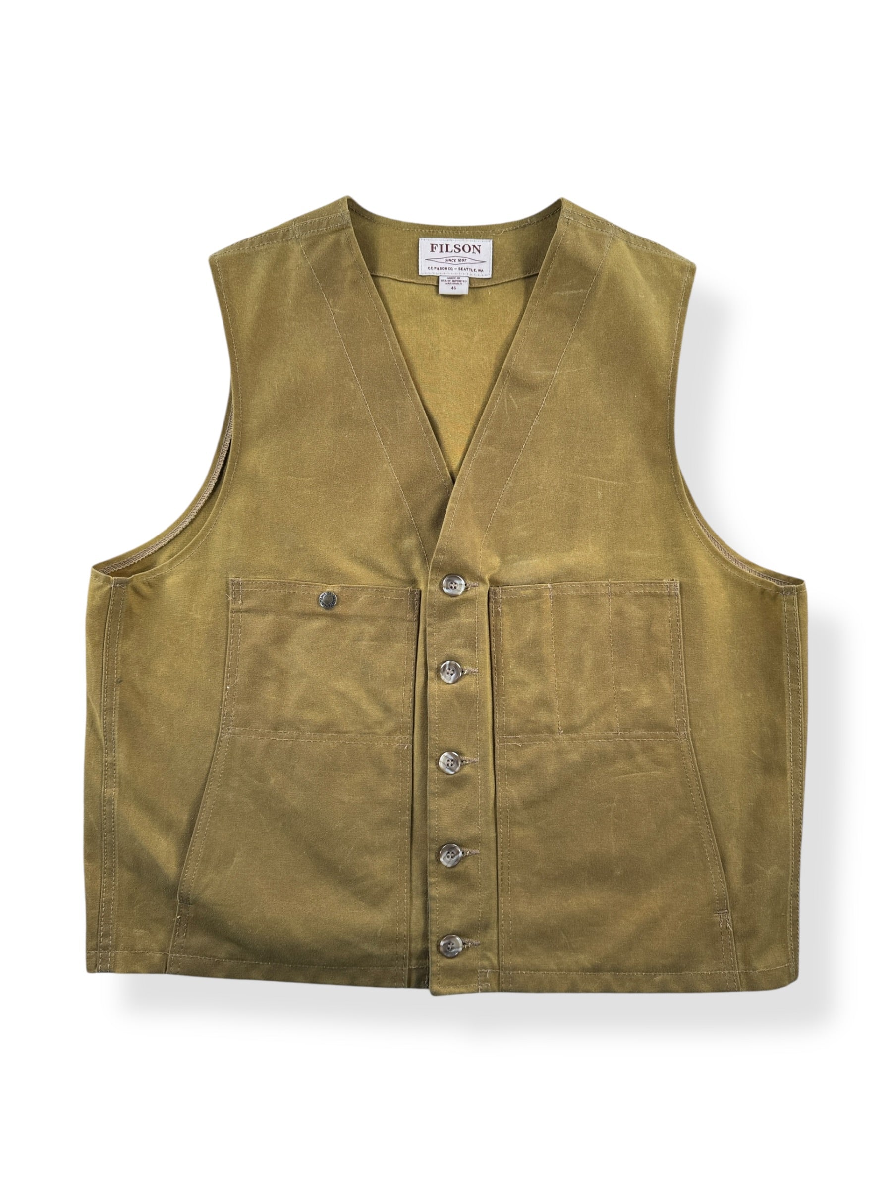 Front of Filson Dark Tan Tin Cloth Vest SZ 46