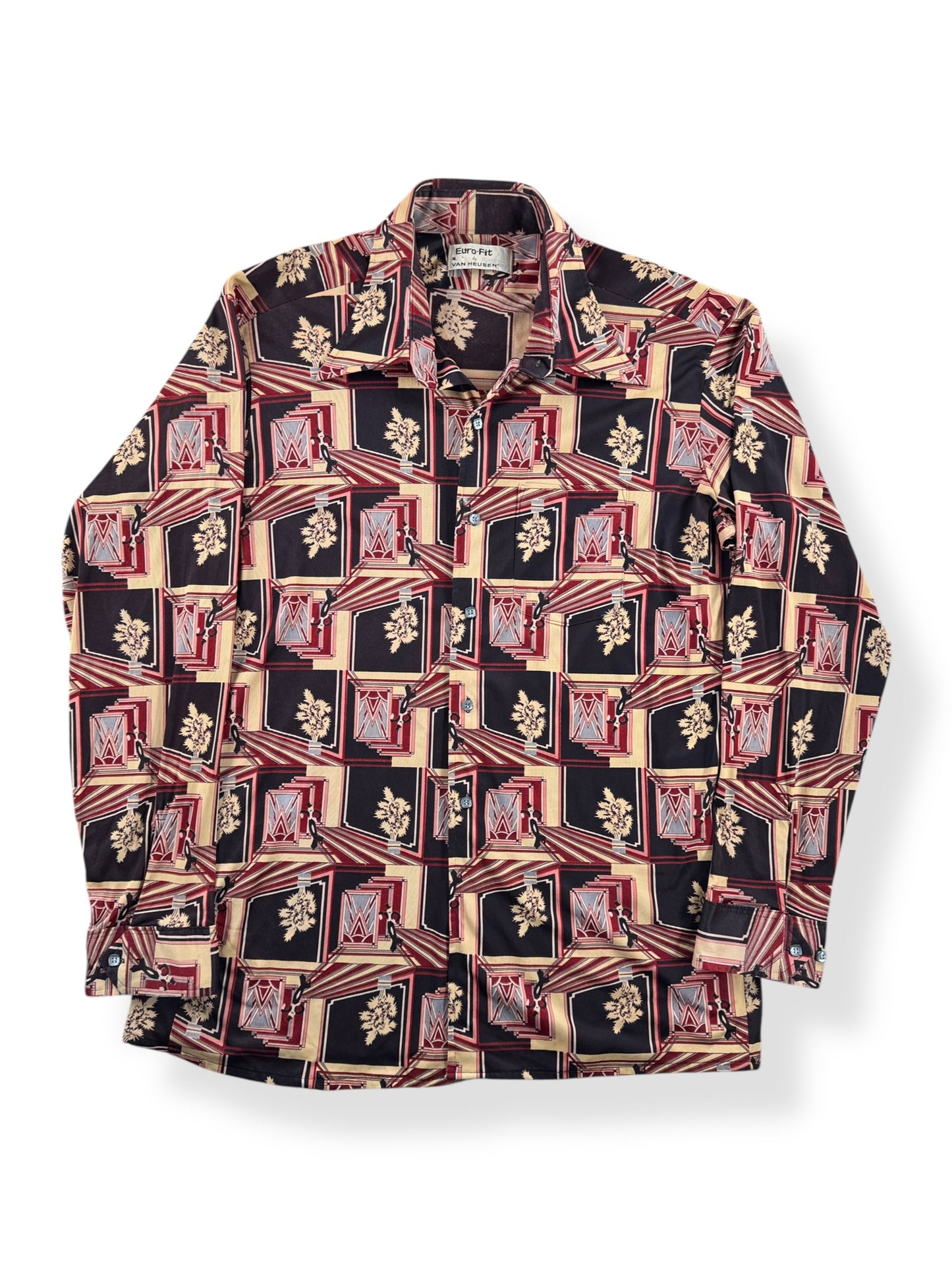 Front of Vintage Van Heusen Op Art Print Disco Shirt SZ XL (Fits L)