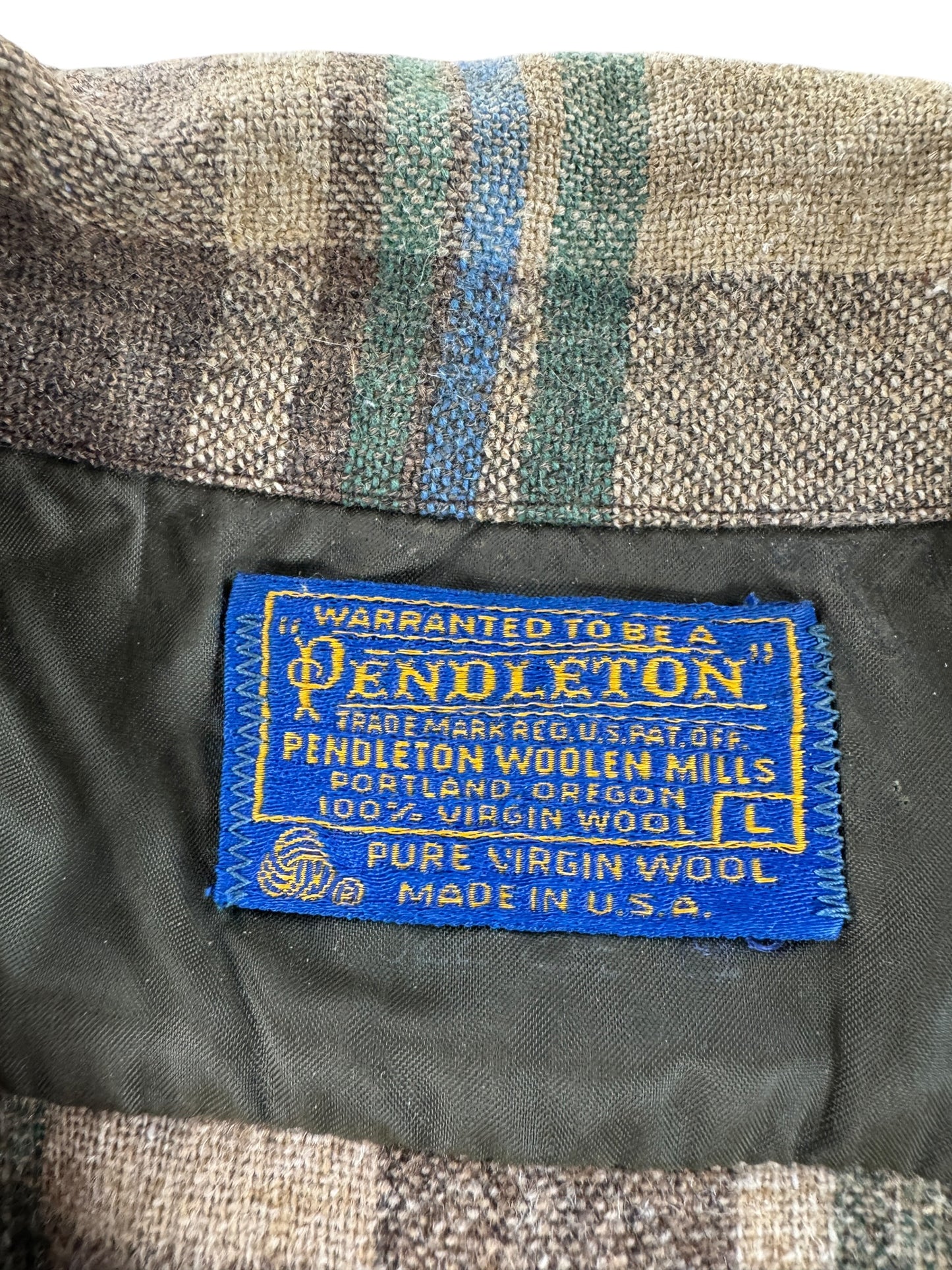 Label on Vintage Brown & Green Pendleton Board Shirt SZ L - AS IS