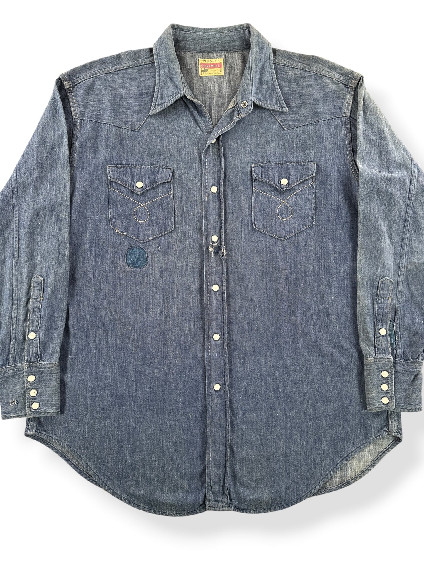 Front Close Up of Vintage 1950s Penny's Foremost Denim Western Shirt SZ XL
