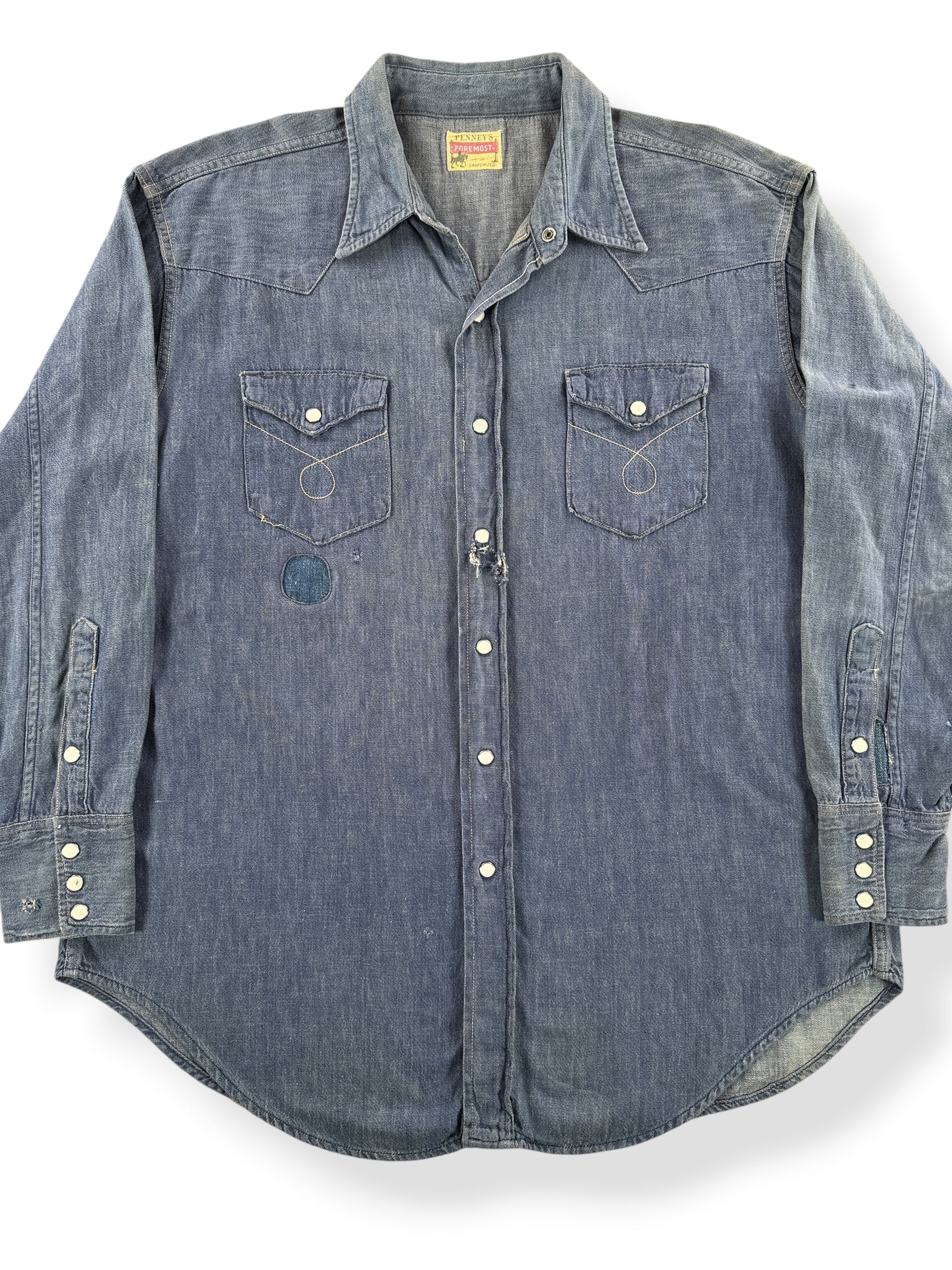 Front Close Up of Vintage 1950s Penny's Foremost Denim Western Shirt SZ XL