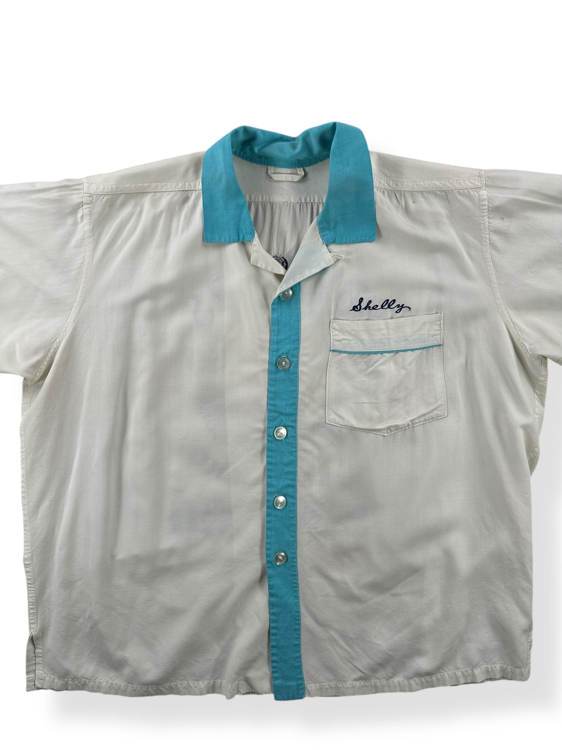 Front Close Up of Vintage 1968 China Advisors Bowling Shirt SZ XL