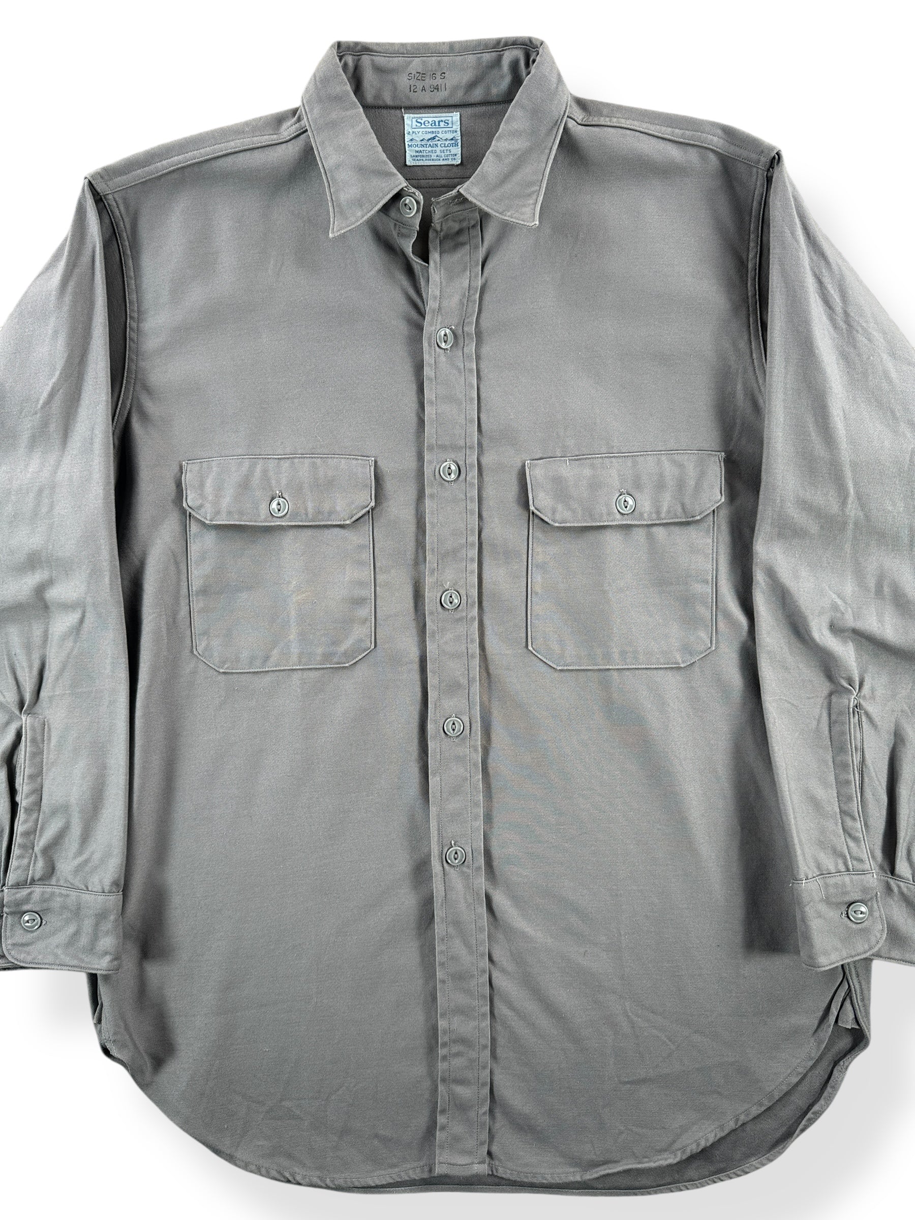Front Close Up of Vintage Grey Sears Mountain Cloth Heavyweight Twill Shirt SZ L