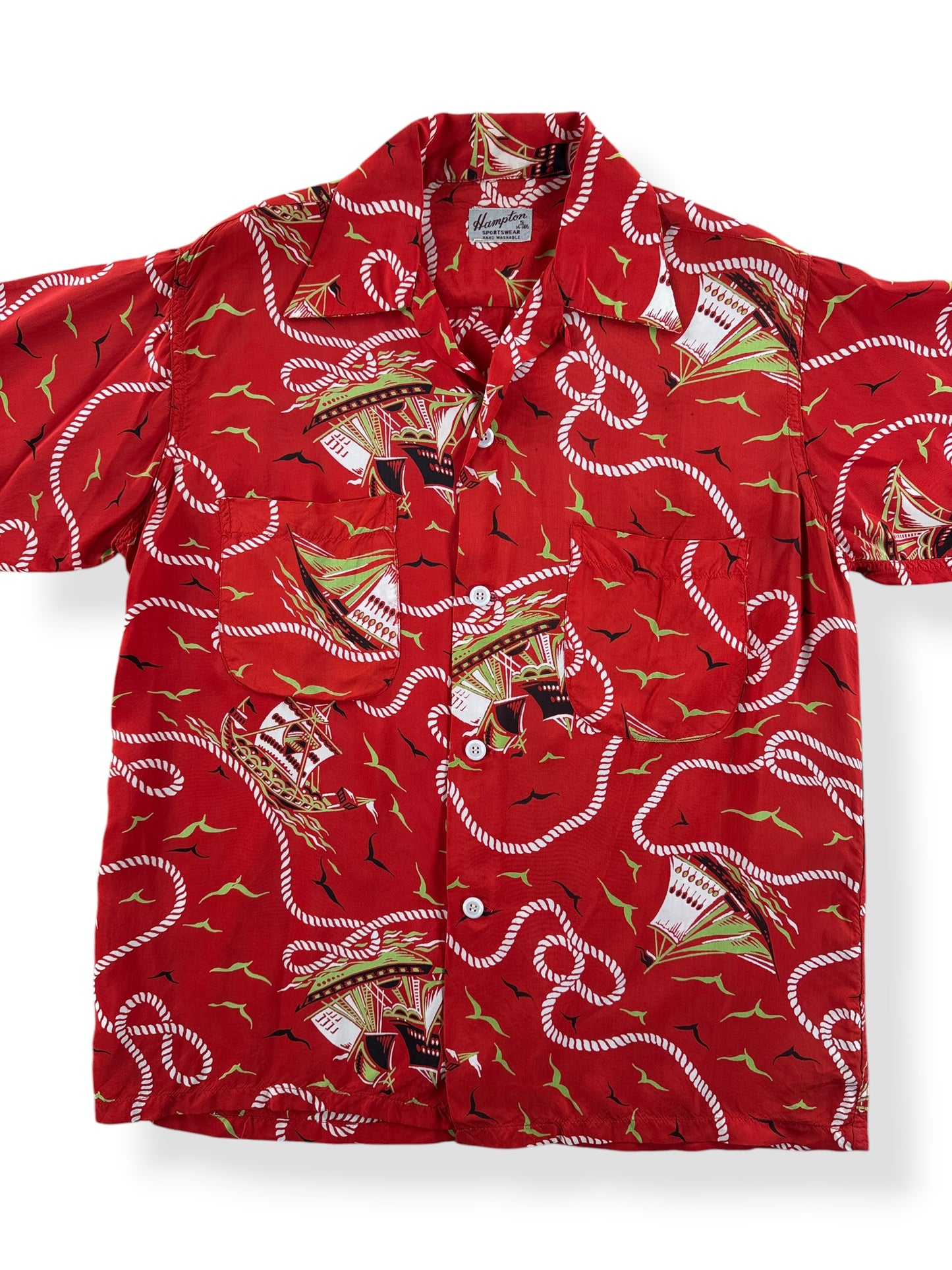 Front Close Up of Vintage Hampton Sportswear Red Aloha Shirt SZ S