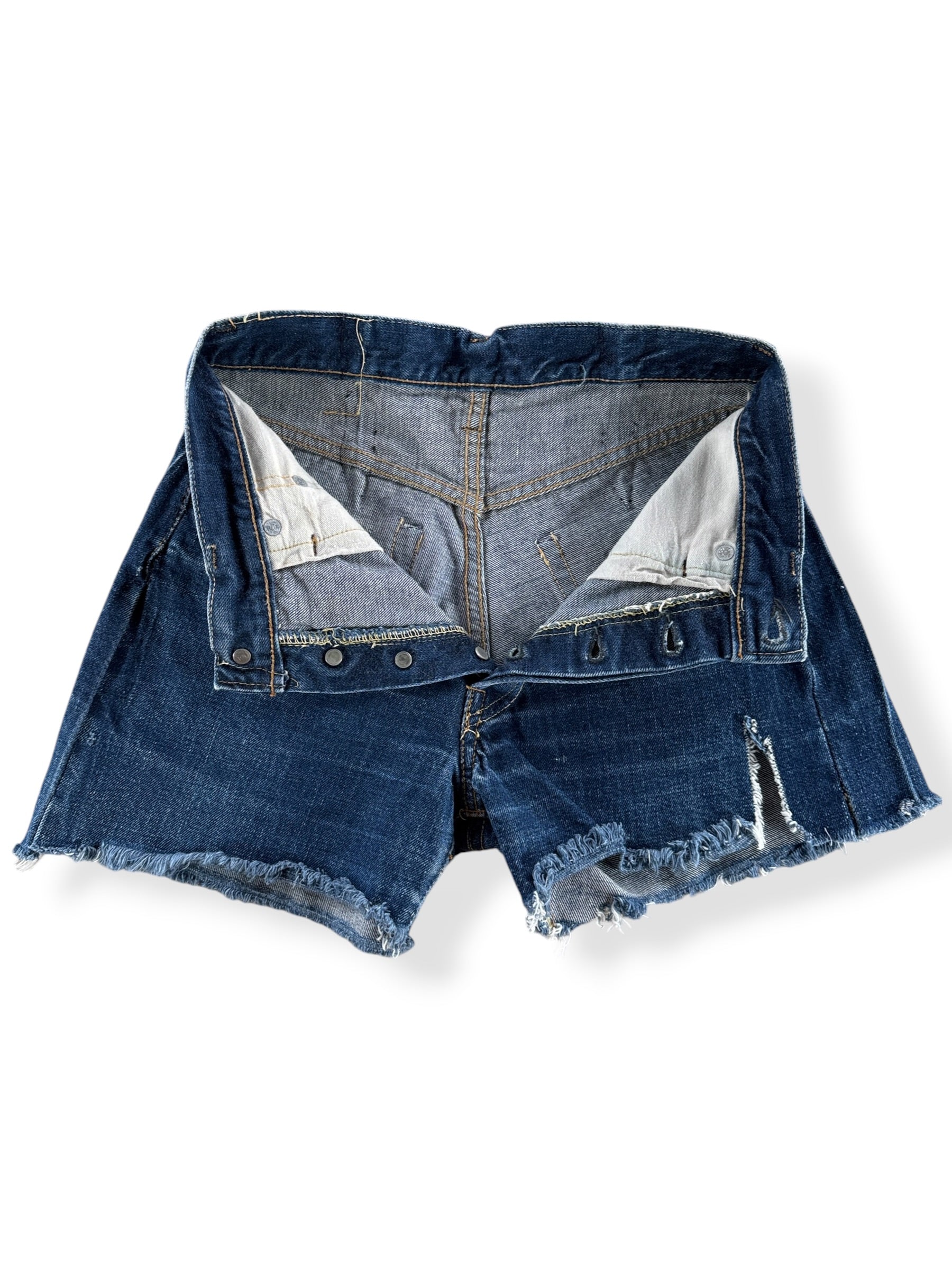 Open Button Fly & Inside of Vintage 60s Levi's 501 Cut Off Shorts W26