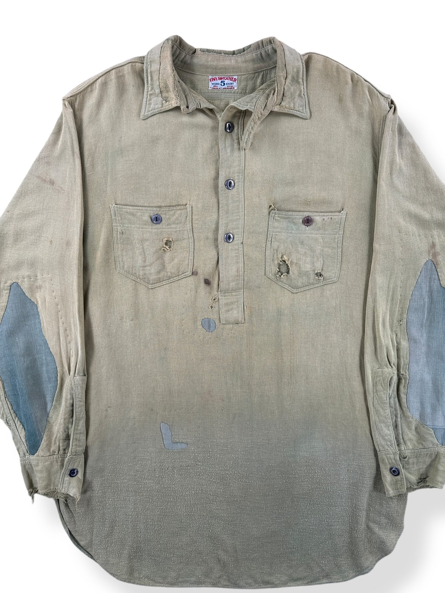 Front Close Up of Vintage 5 Brothers Hand Repaired Chartreuse Chinstrap Shirt SZ M