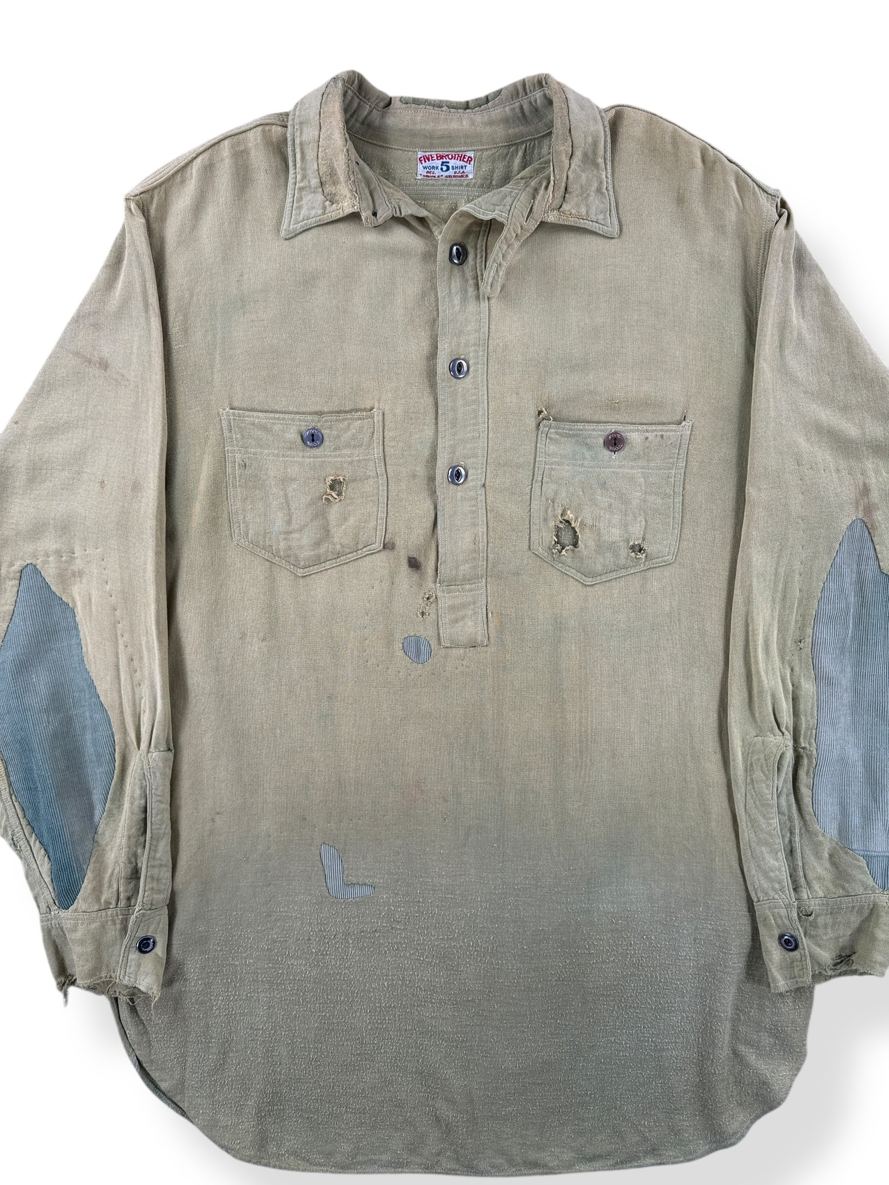 Front Close Up of Vintage 5 Brothers Hand Repaired Chartreuse Chinstrap Shirt SZ M