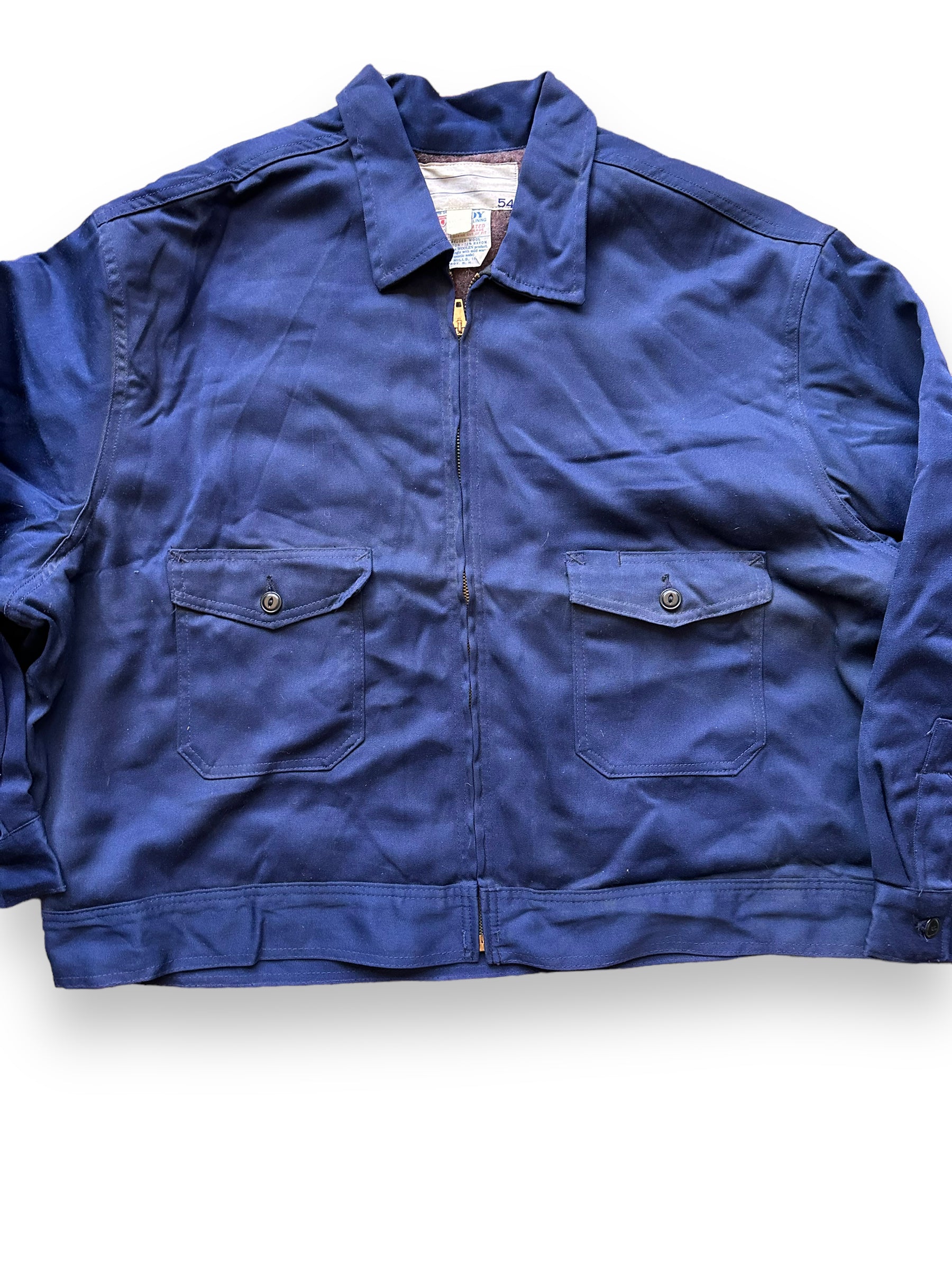 Front Detail on Vintage Blue Troy Blanket Lined Gas Station Jacket SZ 54 | Vintage Workwear Jacket Seattle | Seattle Vintage Clothing