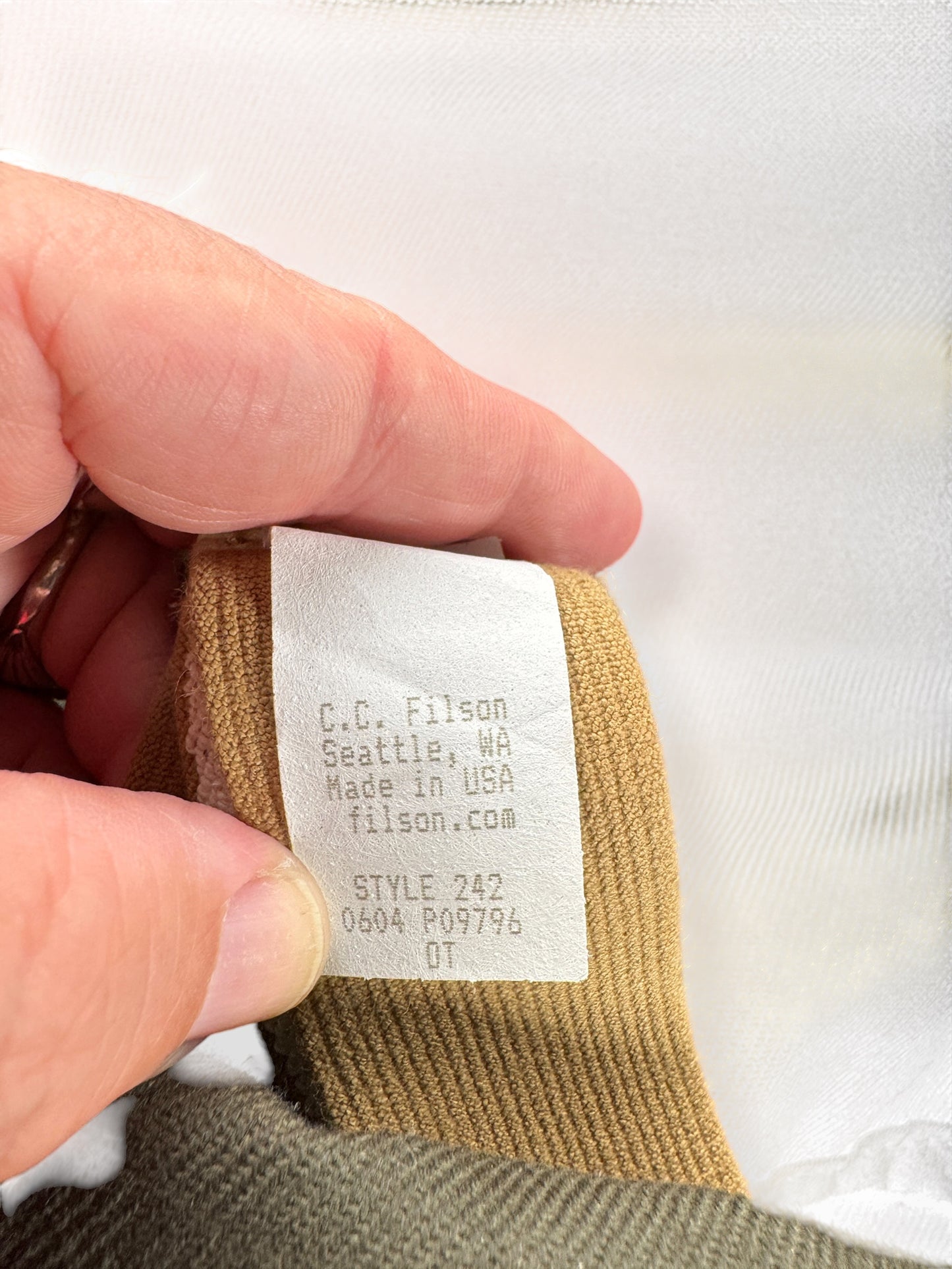 Production Tag on Filson Style 242 Carry On Bag