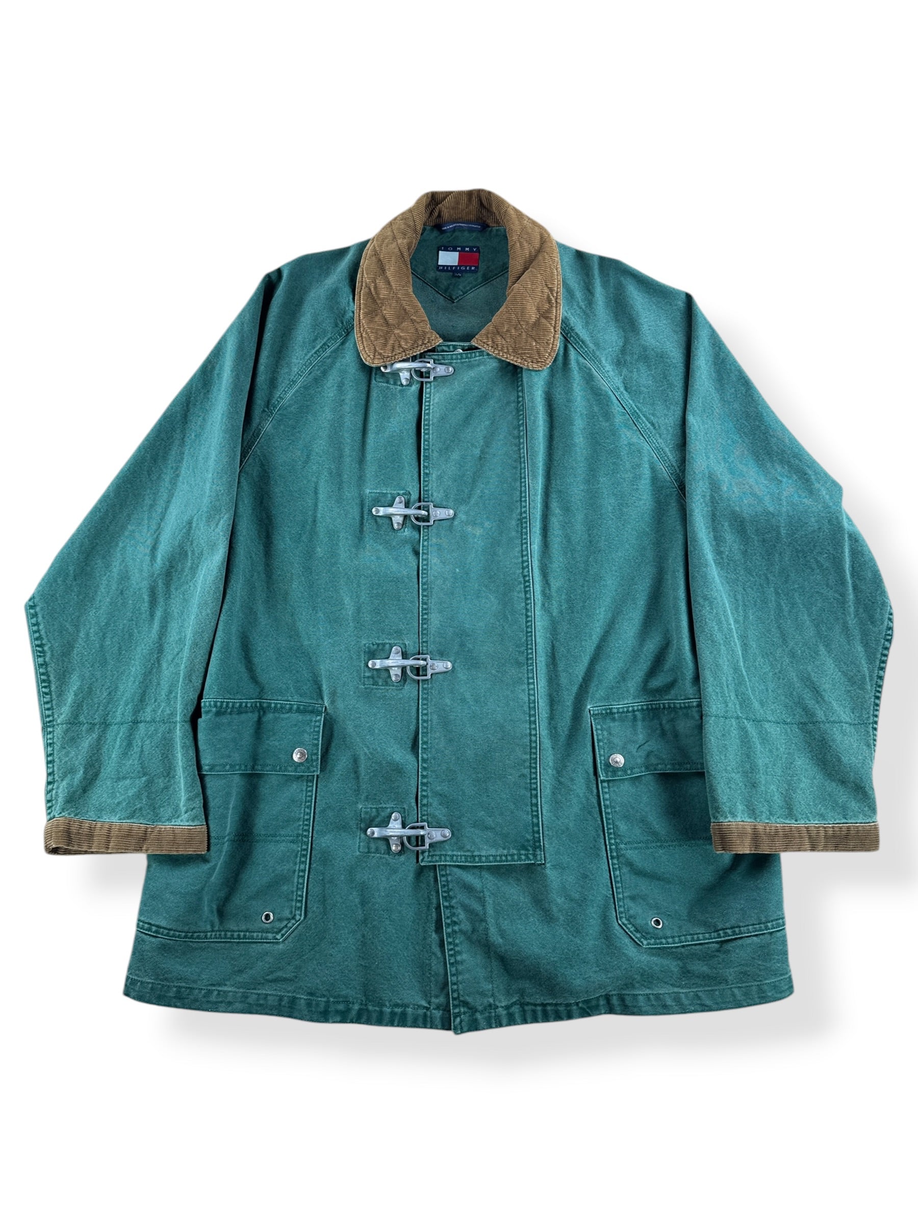 Front of Vintage Tommy Hilfiger Fireman Clasp Canvas Coat SZ L
