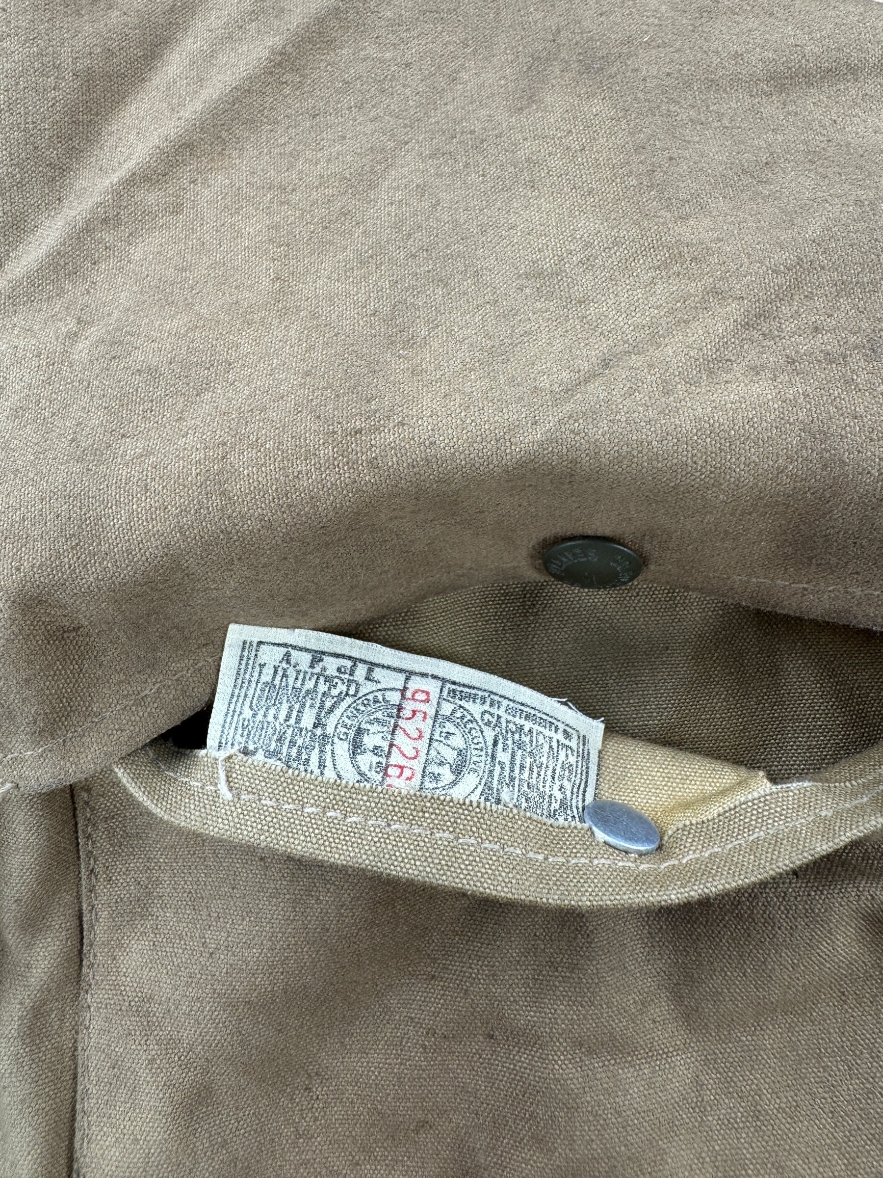 Union Tag in Pocket of Vintage 1950s Filson Double Logger Tin Cloth Jacket SZ 42