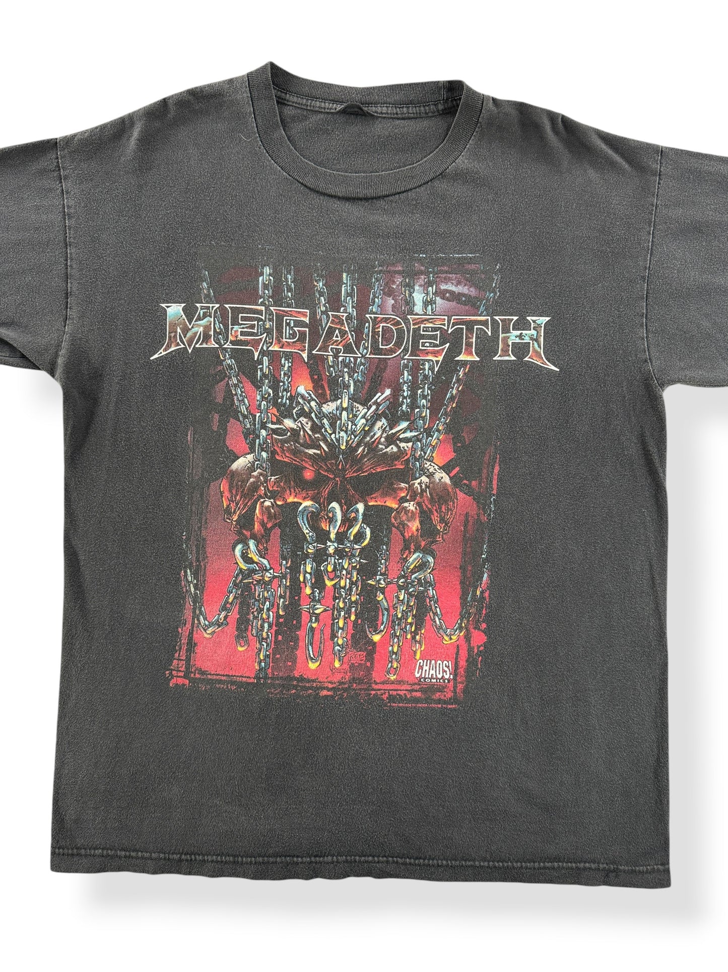 Front Close Up of Vintage 1998 Megadeath Chaos Comics Tee SZ L
