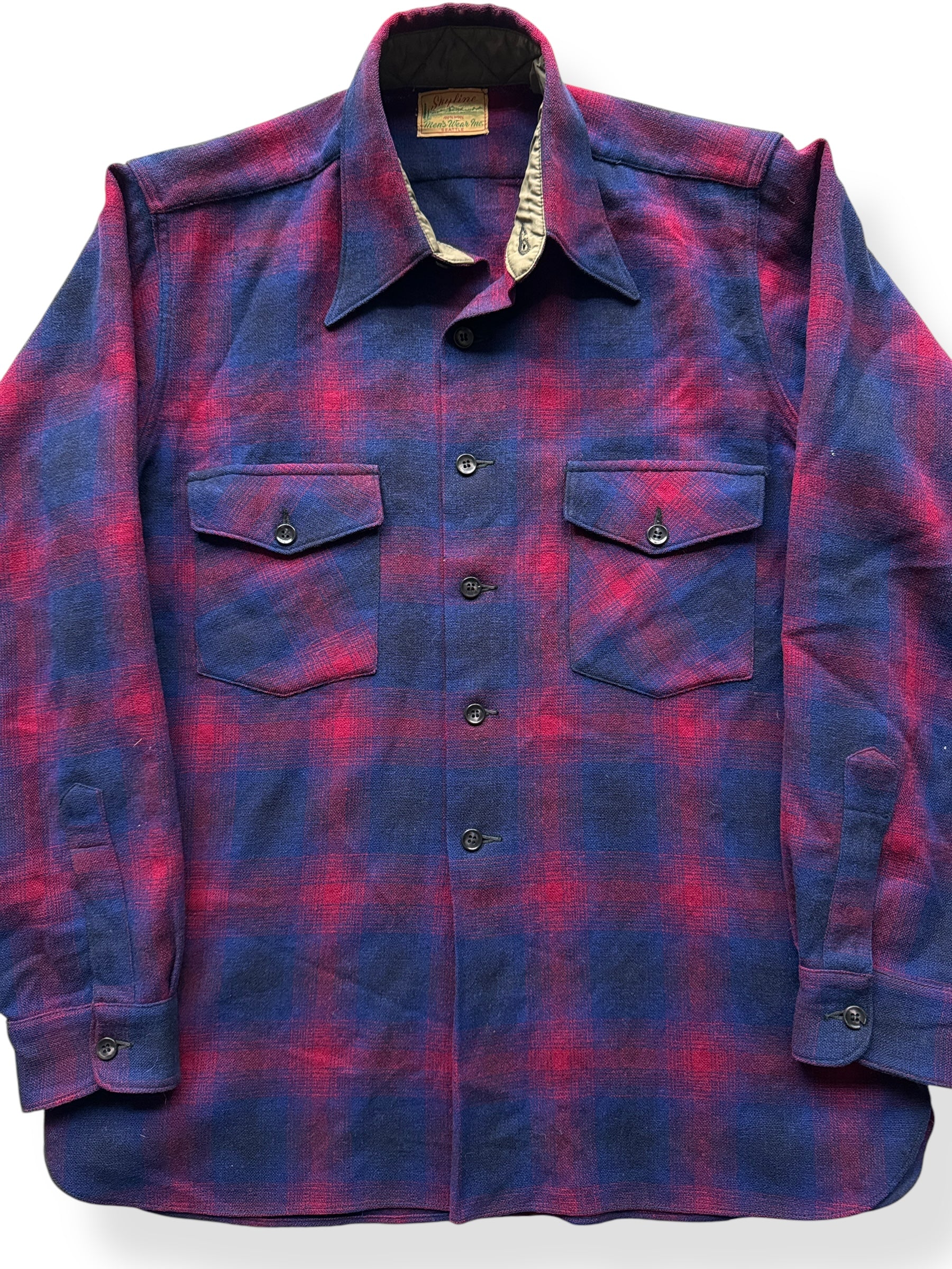 Front Close Up of Vintage Skyline Navy and Red Shadowplaid Wool Flannel SZ L