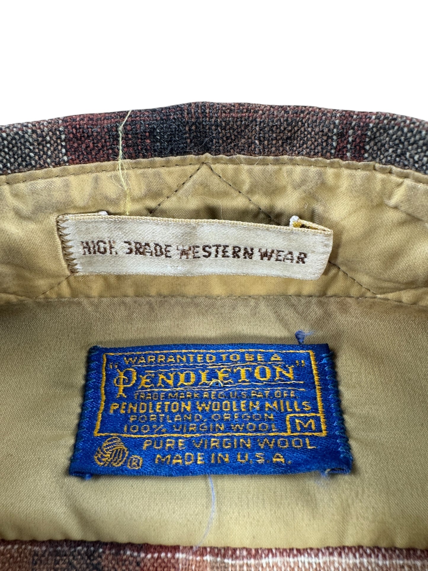 Tag on Vintage Pendleton Burgundy Plaid Pearlsnap Flannel SZ M