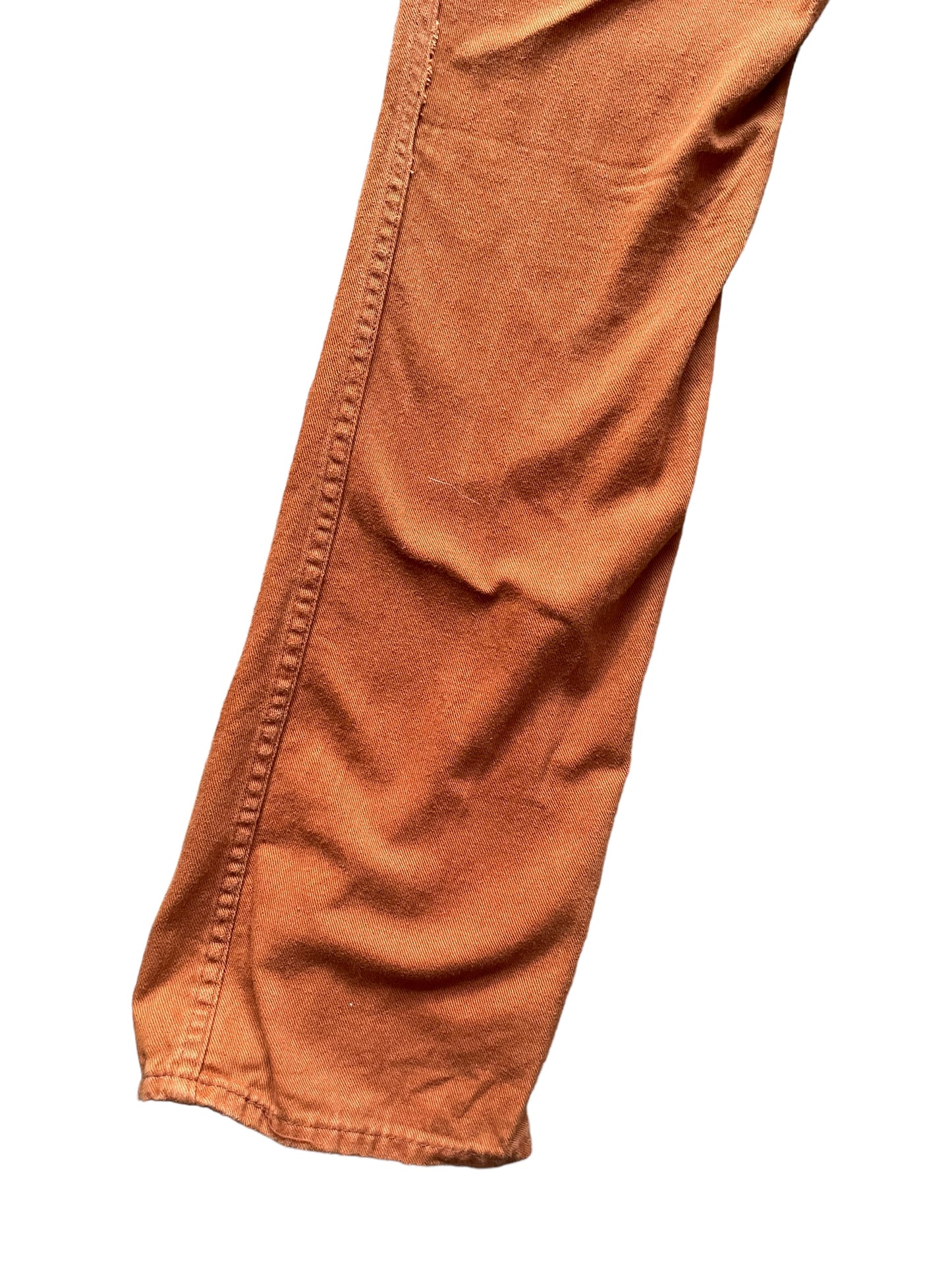 Back left leg view of Vintage 1970s Rusty Orange Bells W30 | Barn Owl Vintage Seattle | Vintage Pants and Denim