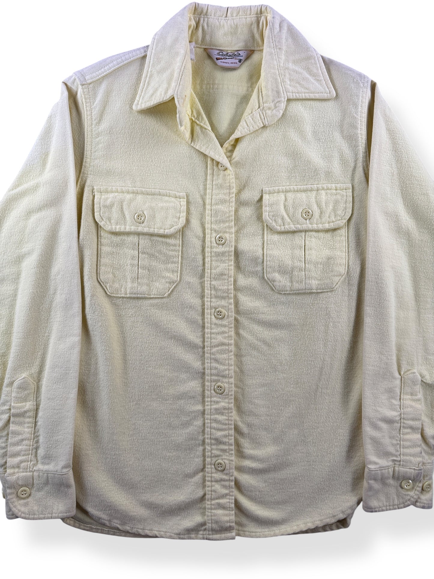 Front Close Up of Vintage Cabelas Yellow Chamois Cloth Shirt SZ XS