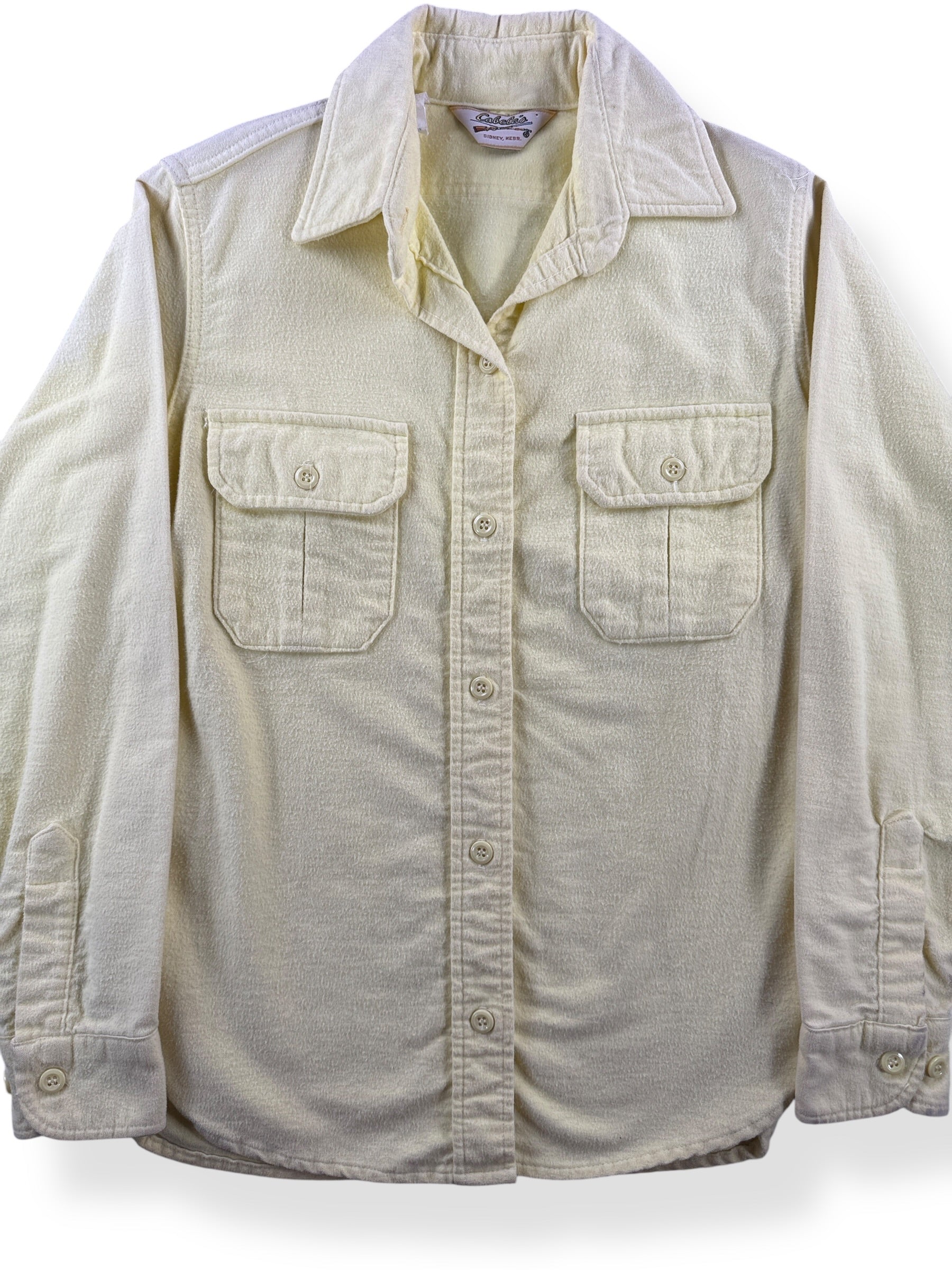 Front Close Up of Vintage Cabelas Yellow Chamois Cloth Shirt SZ XS
