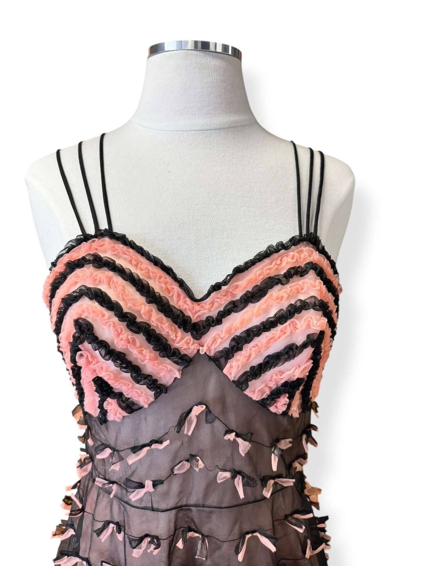 Front chest view of 1950s Pink and Black Sheer Ruffle Nighty XS