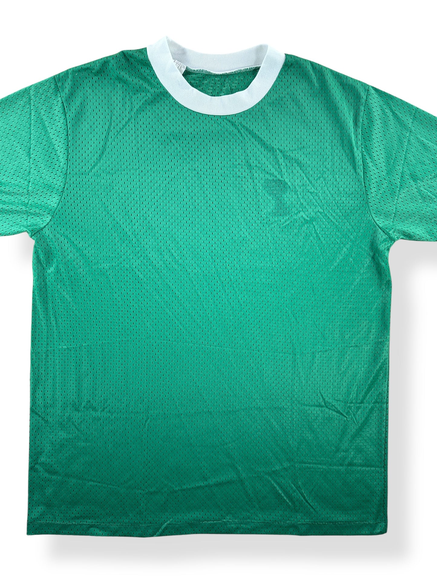 Front Close Up of Vintage Kelly Green Ringer Jersey SZ L