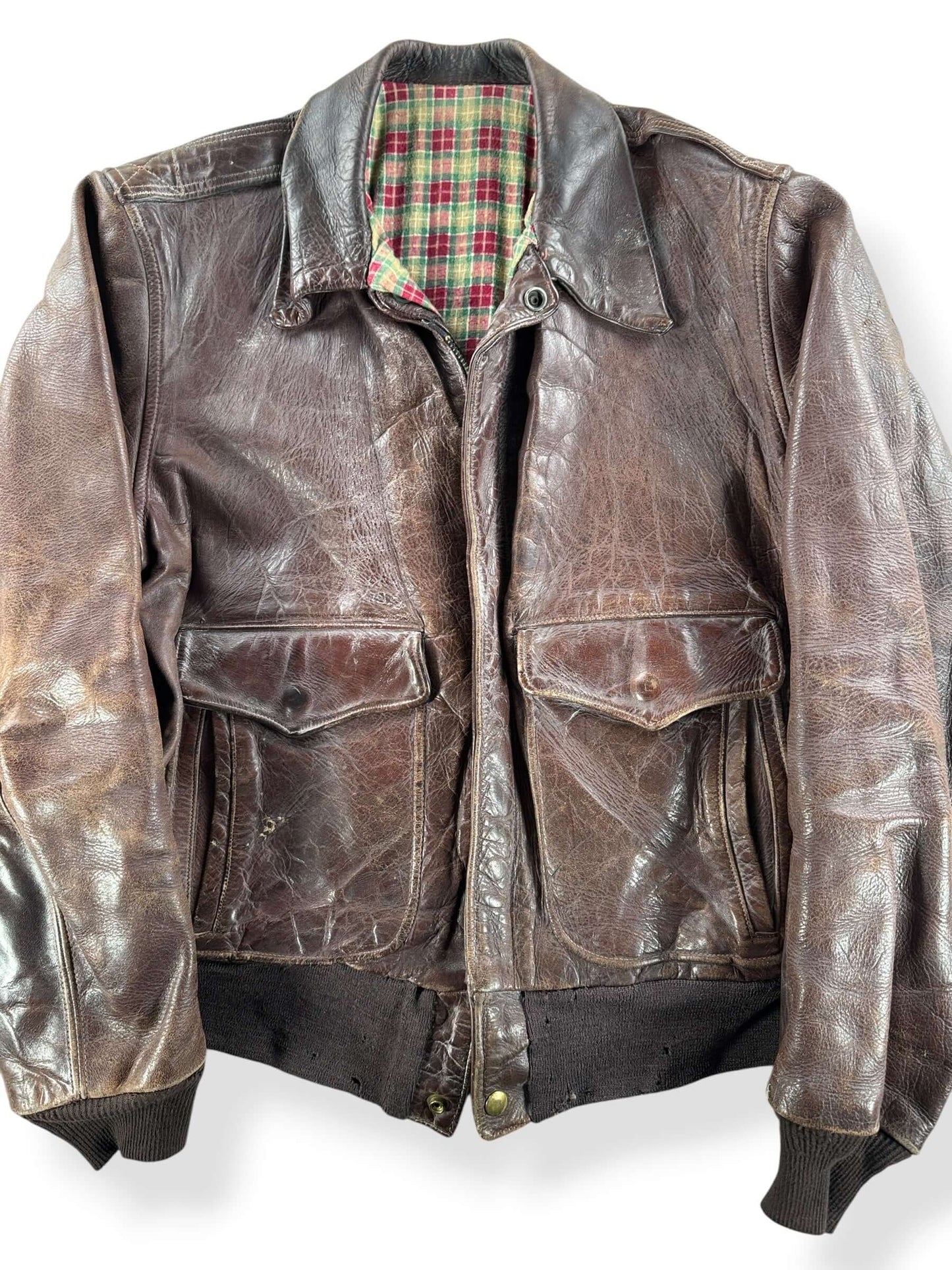 Front Close Up of Vintage Flannel Lined A-2 Style Leather Jacket SZ M