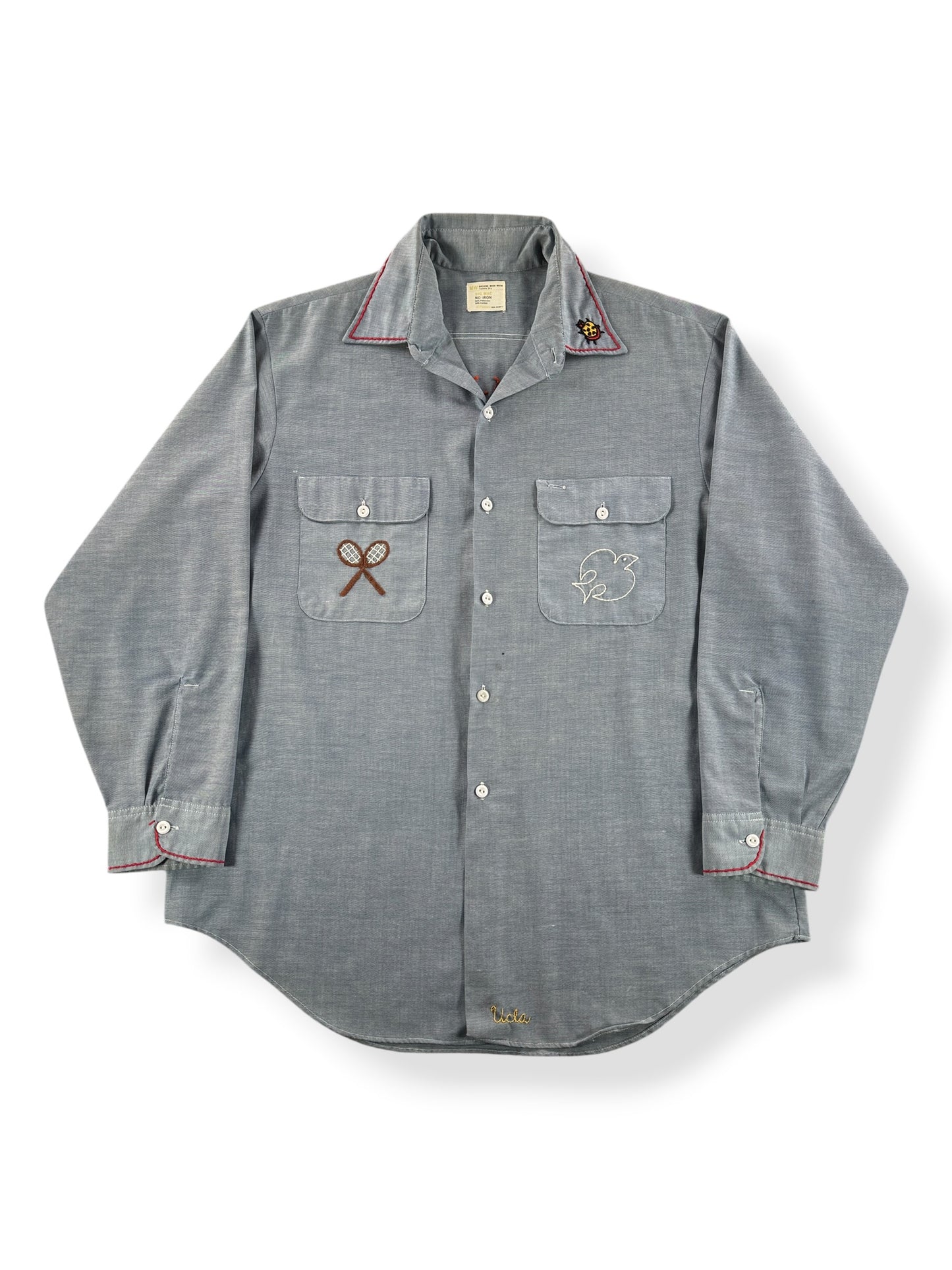 Front of Vintage Hippie Embroidered Big Mac 50/50 Chambray Shirt SZ XL