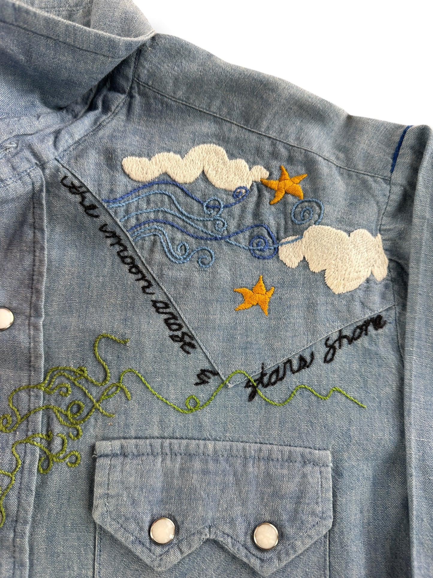 Embroidered on Vintage Embroidered Chambray Pearlsnap SZ M