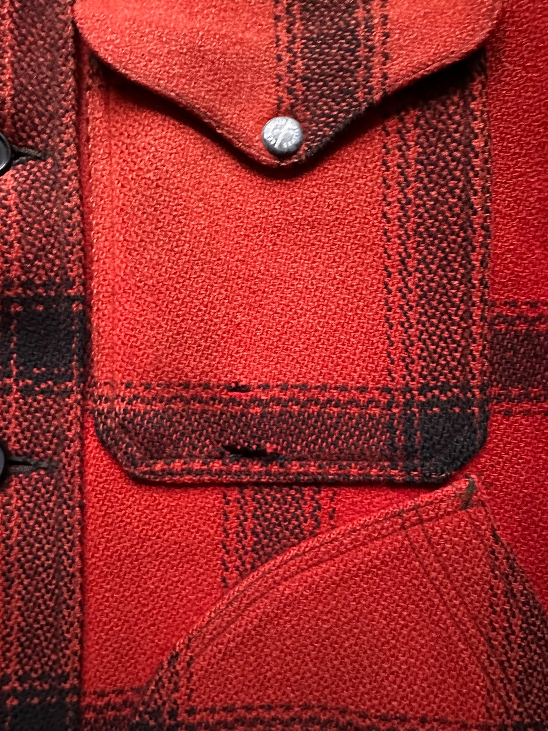Upper Front Left Pocket View of Vintage 75% Red Filson Hunter Wool Jacket SZ 44 | Vintage Filson Workwear Seattle | Vintage Workwear Seattle