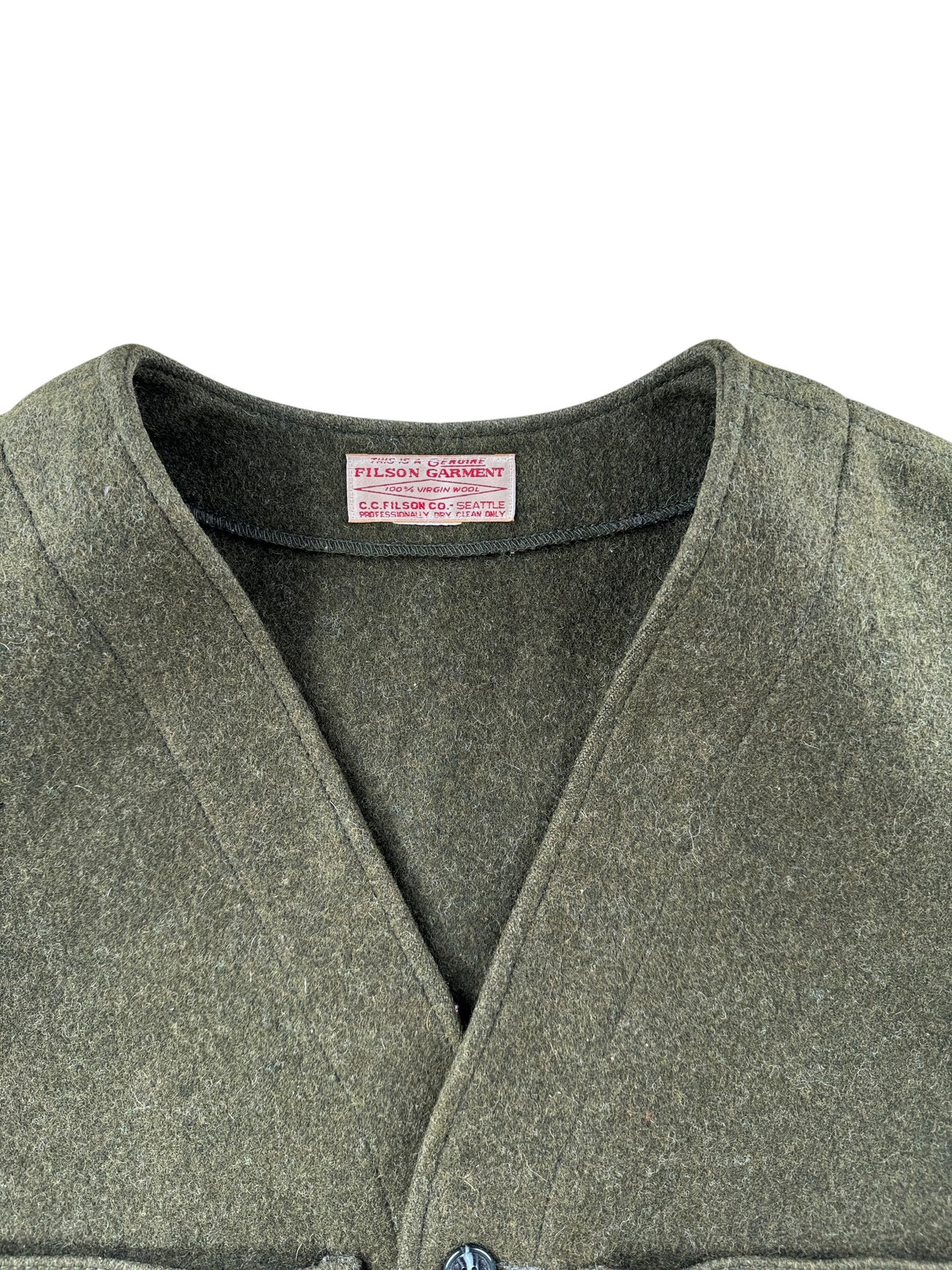 Collar on Vintage Filson Forest Green Mackinaw Wool Vest SZ 42