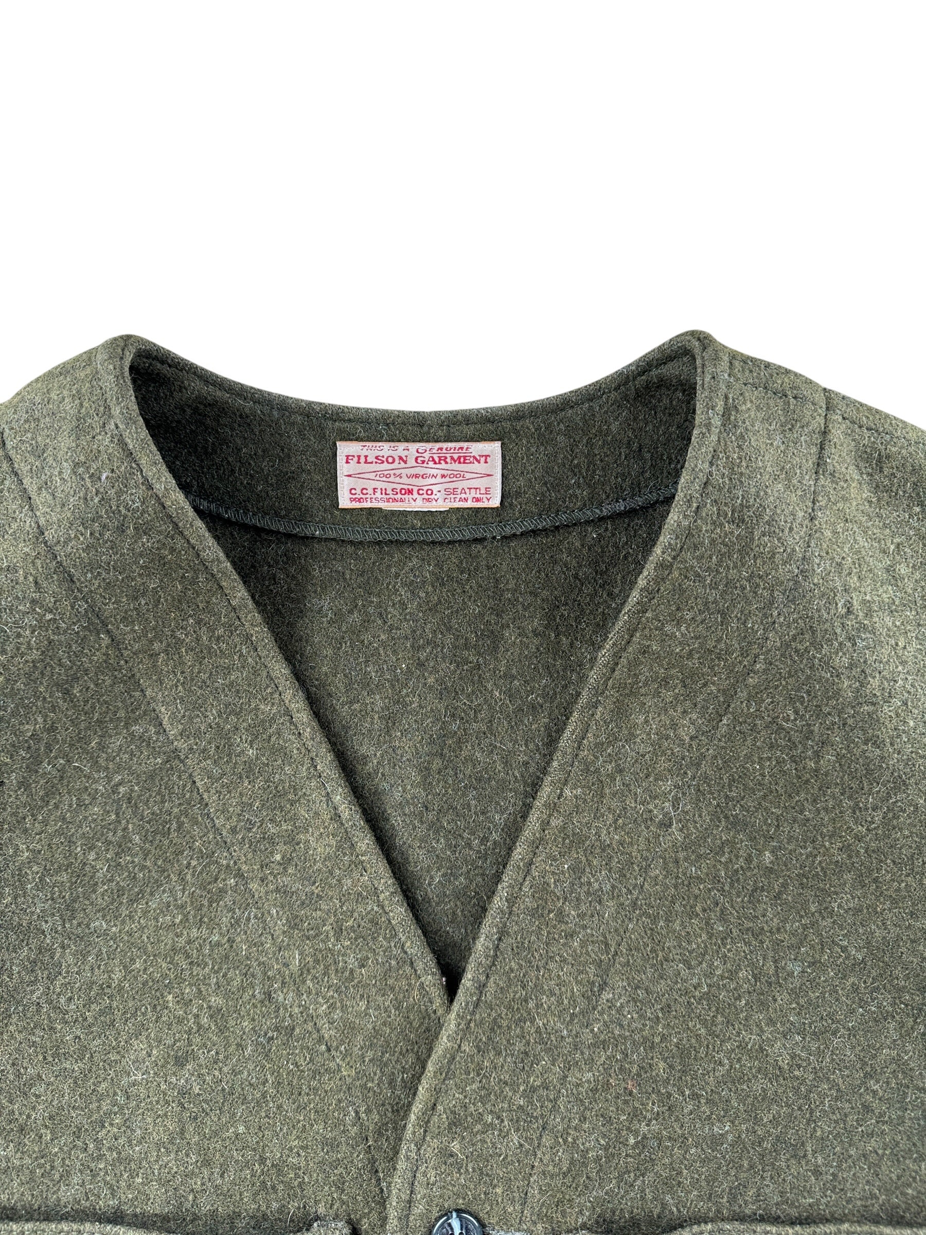 Collar on Vintage Filson Forest Green Mackinaw Wool Vest SZ 42