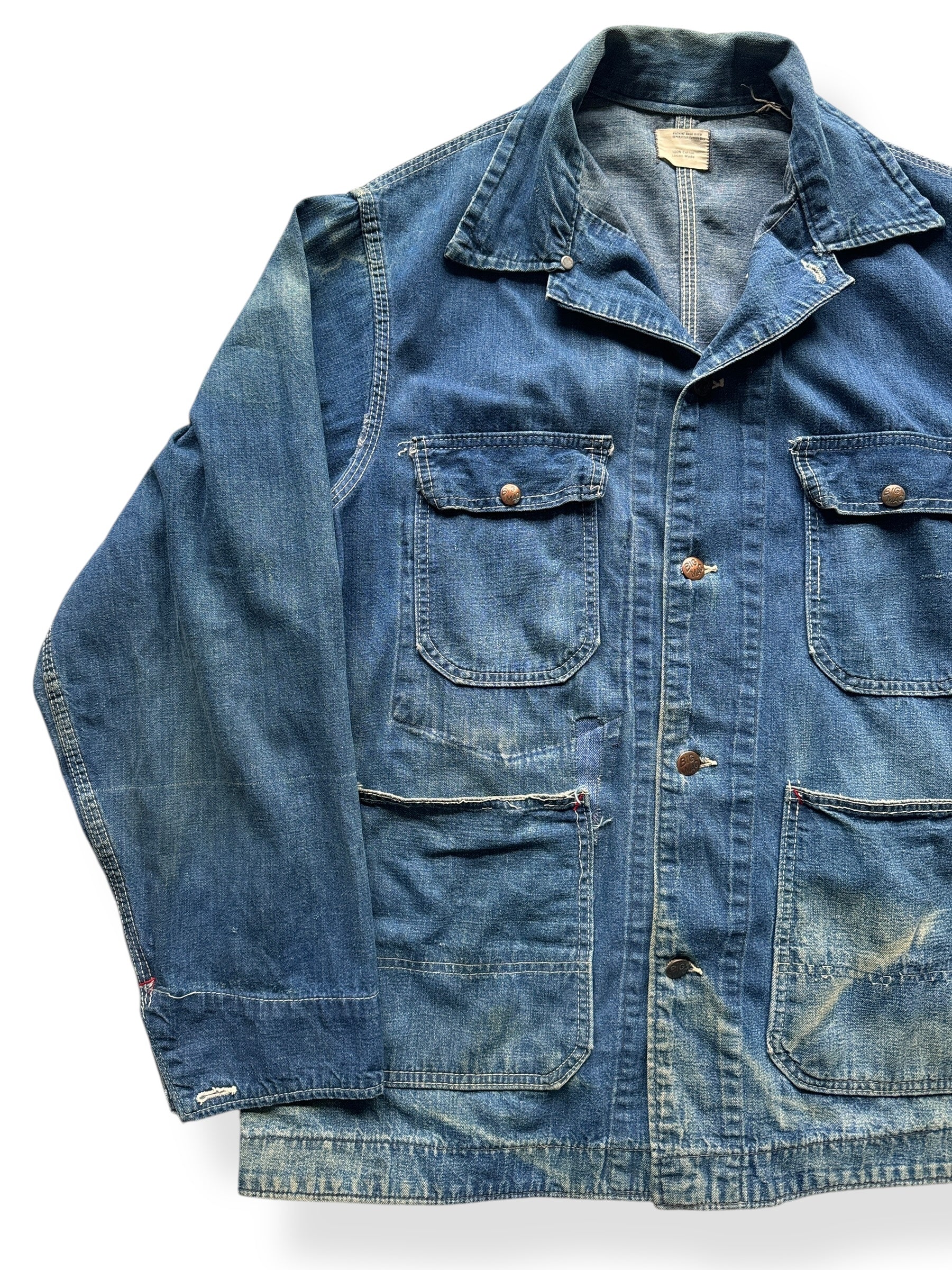 Front Right of Vintage Repaired Unlined Big Mac Denim Chore Coat SZ L