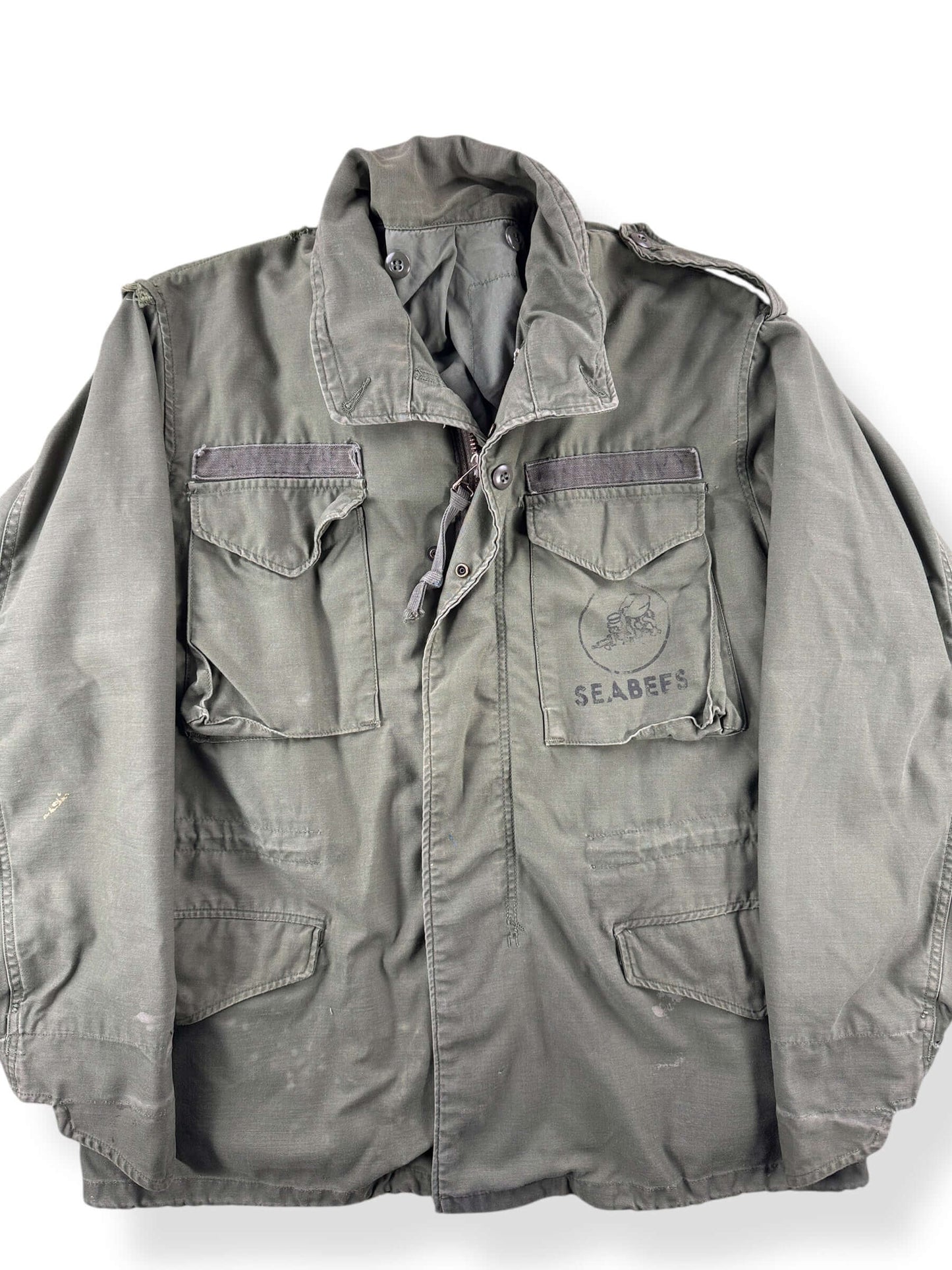 Front Close Up of Vintage Seabees M65 Field Jacket SZ L