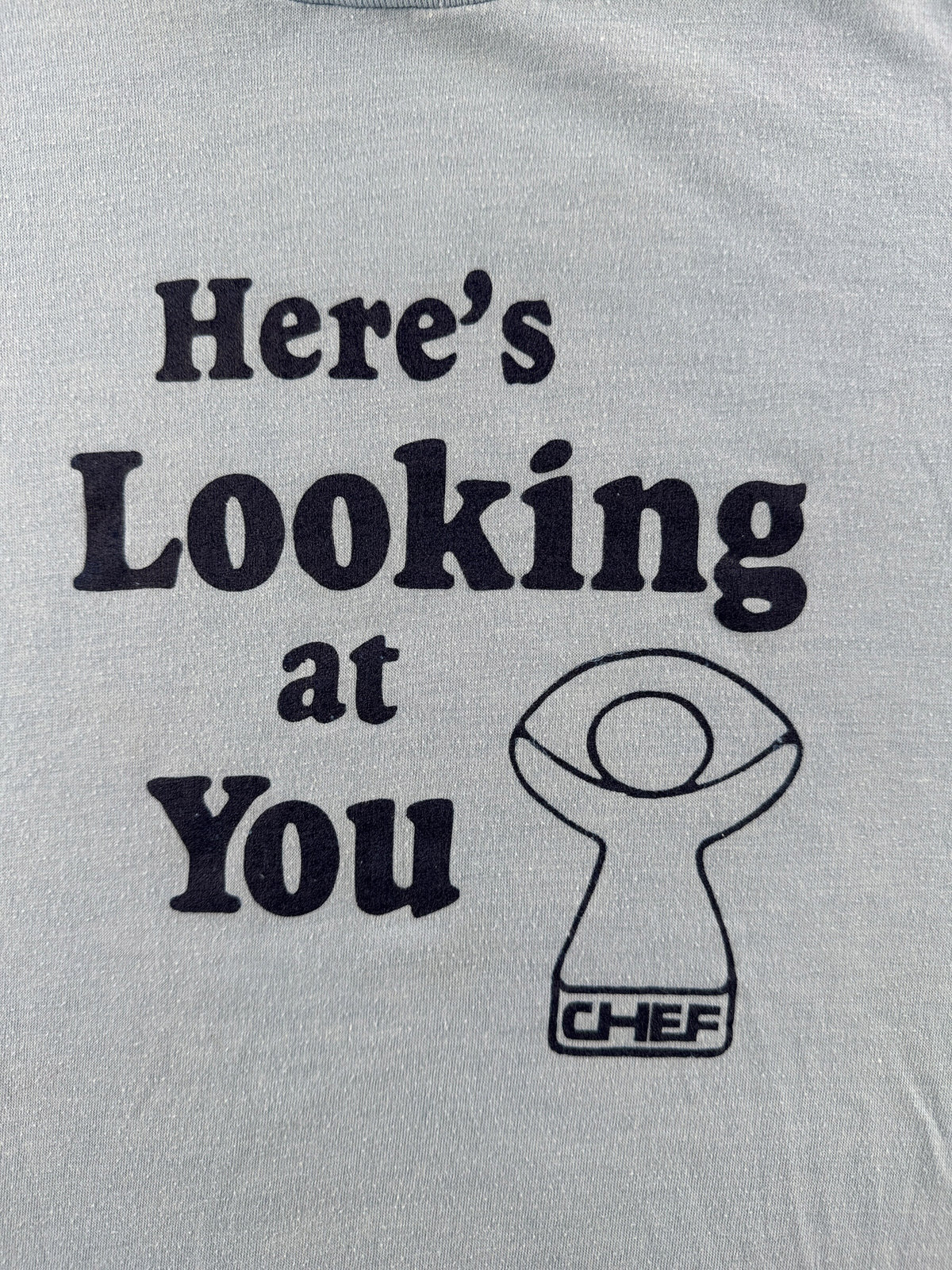 Front graphic on Vintage Heres Looking At You Chef Tee SZ M (Fits S)