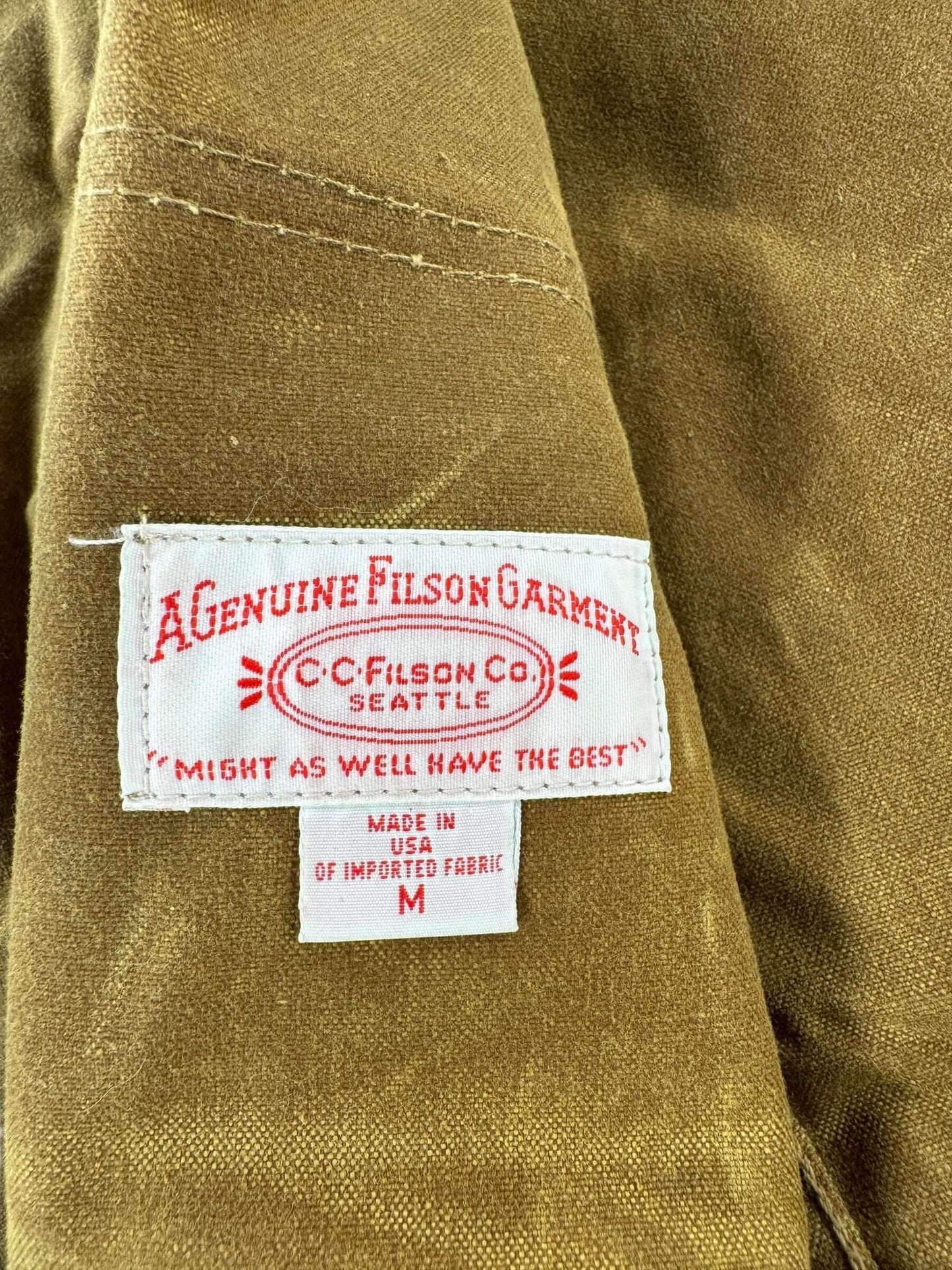 Label on Filson Tin Cloth Jacket SZ M XLong
