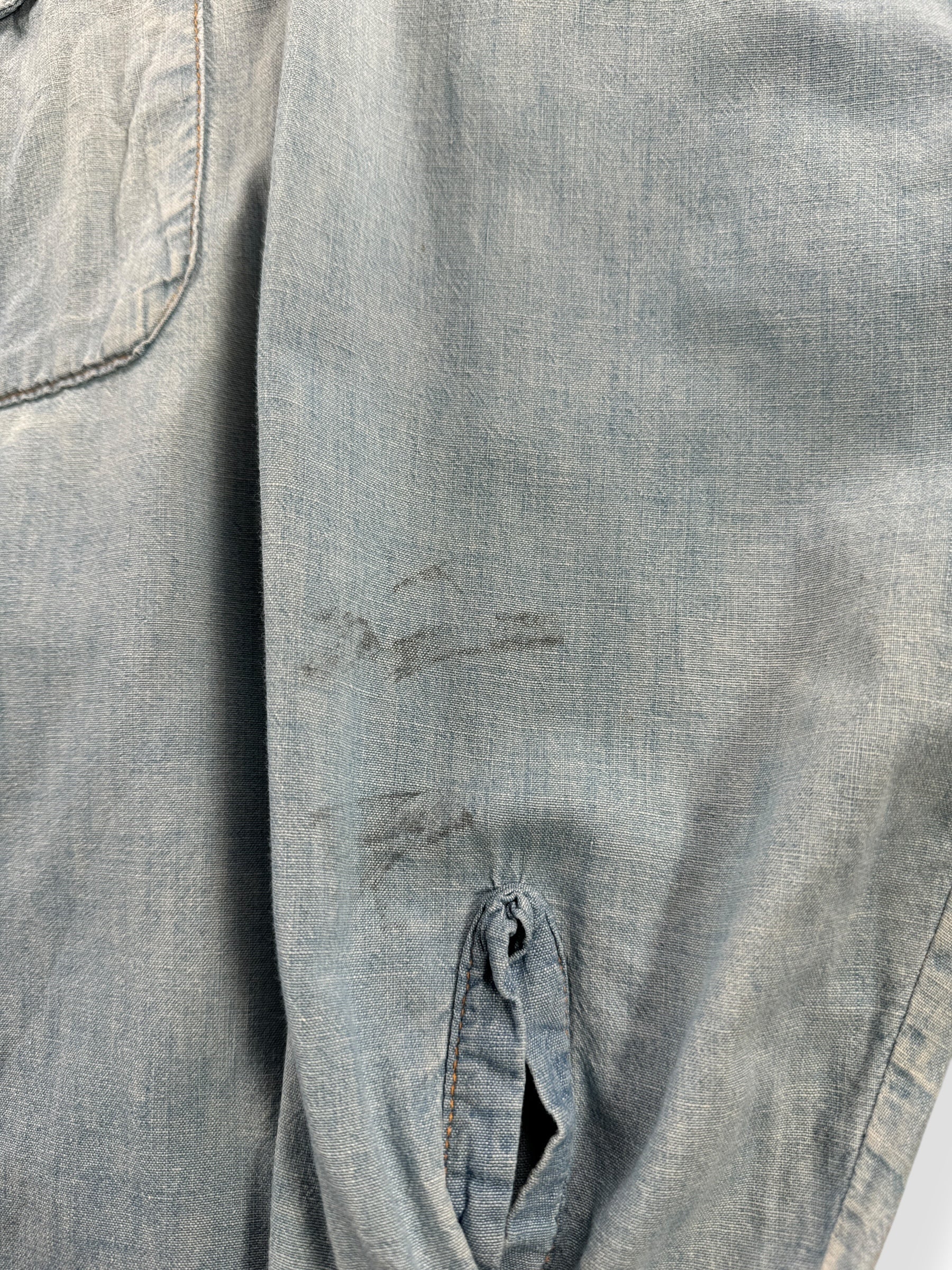 Stain on Vintage Montgomery Ward Suspender Fade Chambray Shirt SZ L