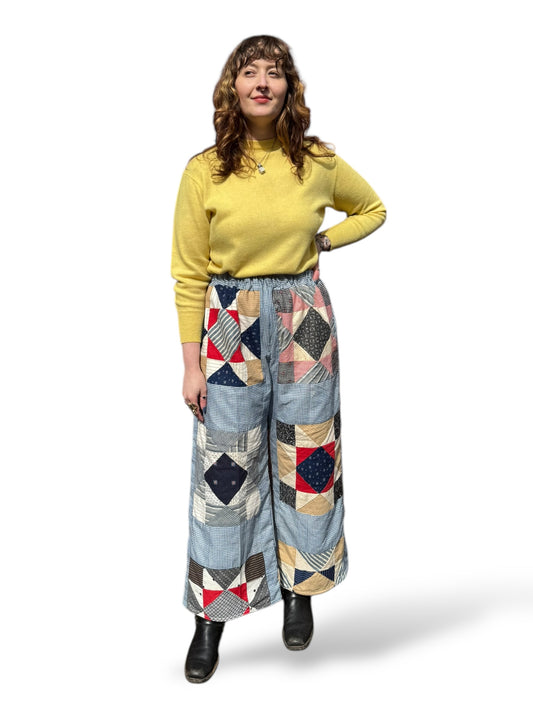 On Body Front of Archive Craft X Barn Owl Vintage Quilt Pants SZ M