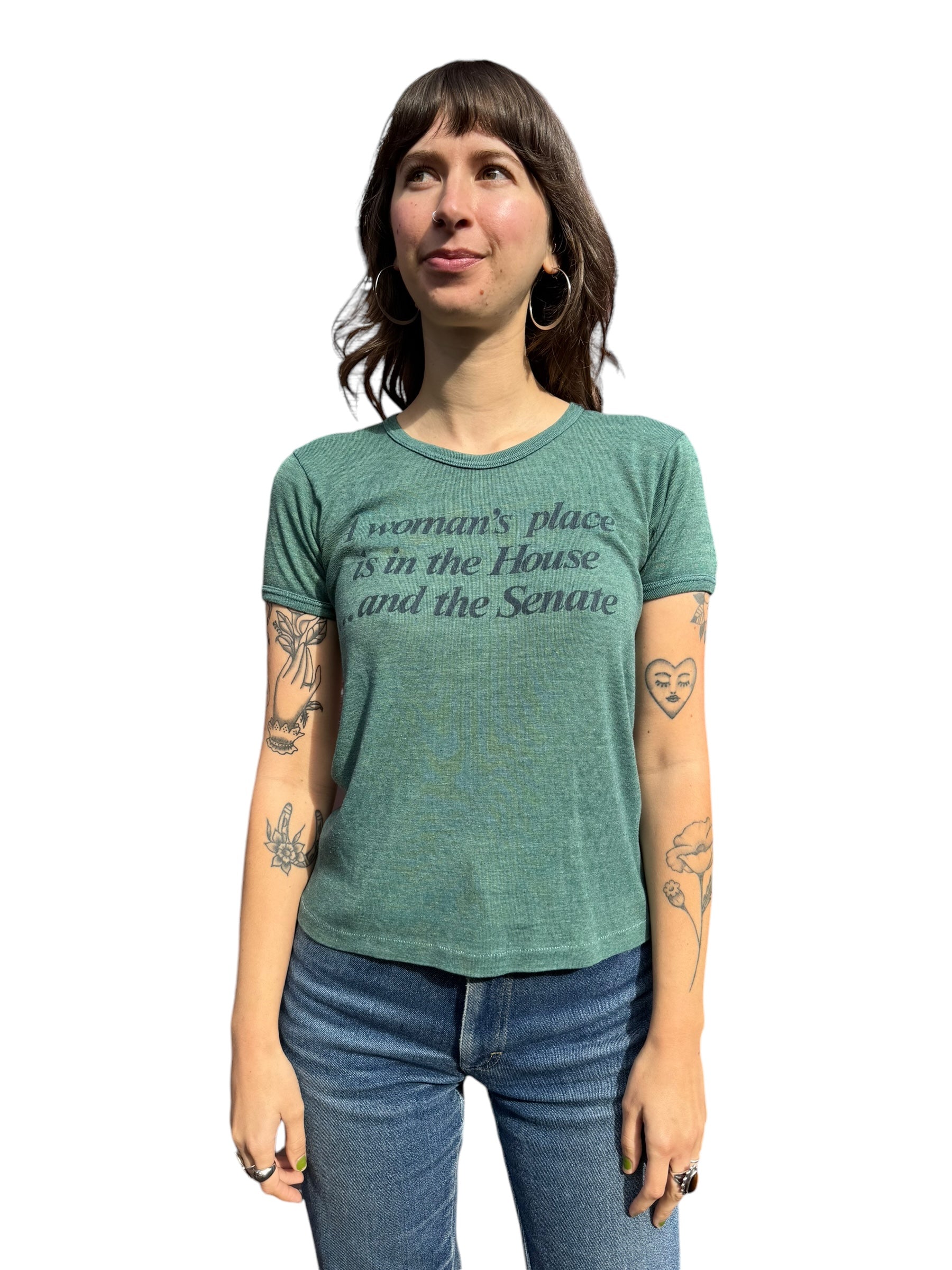 Front model view of Vintage A Woman's Place Is In The House Tee SZ M