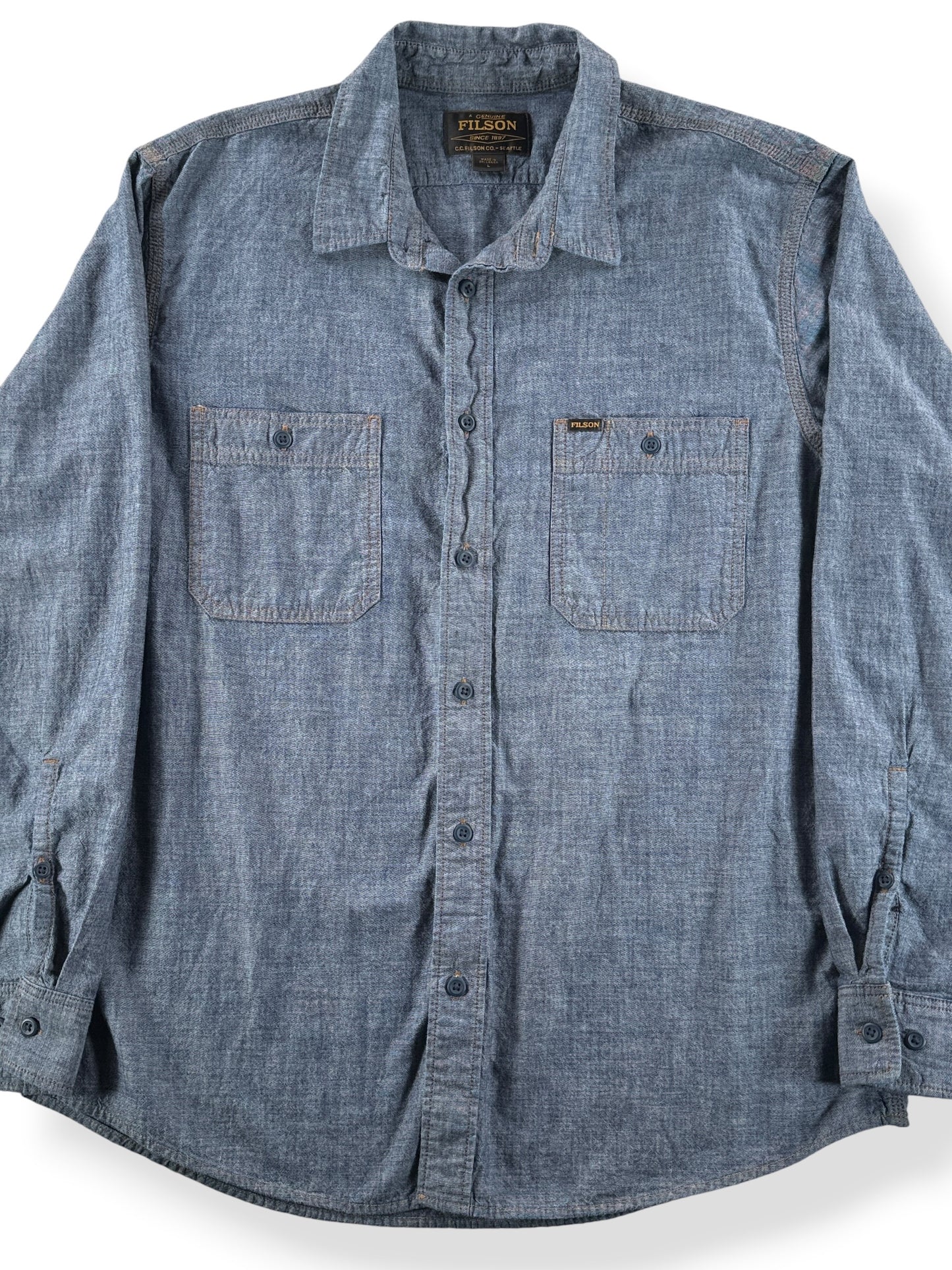 Front Close Up of Filson CPO Chambray Shirt SZ L