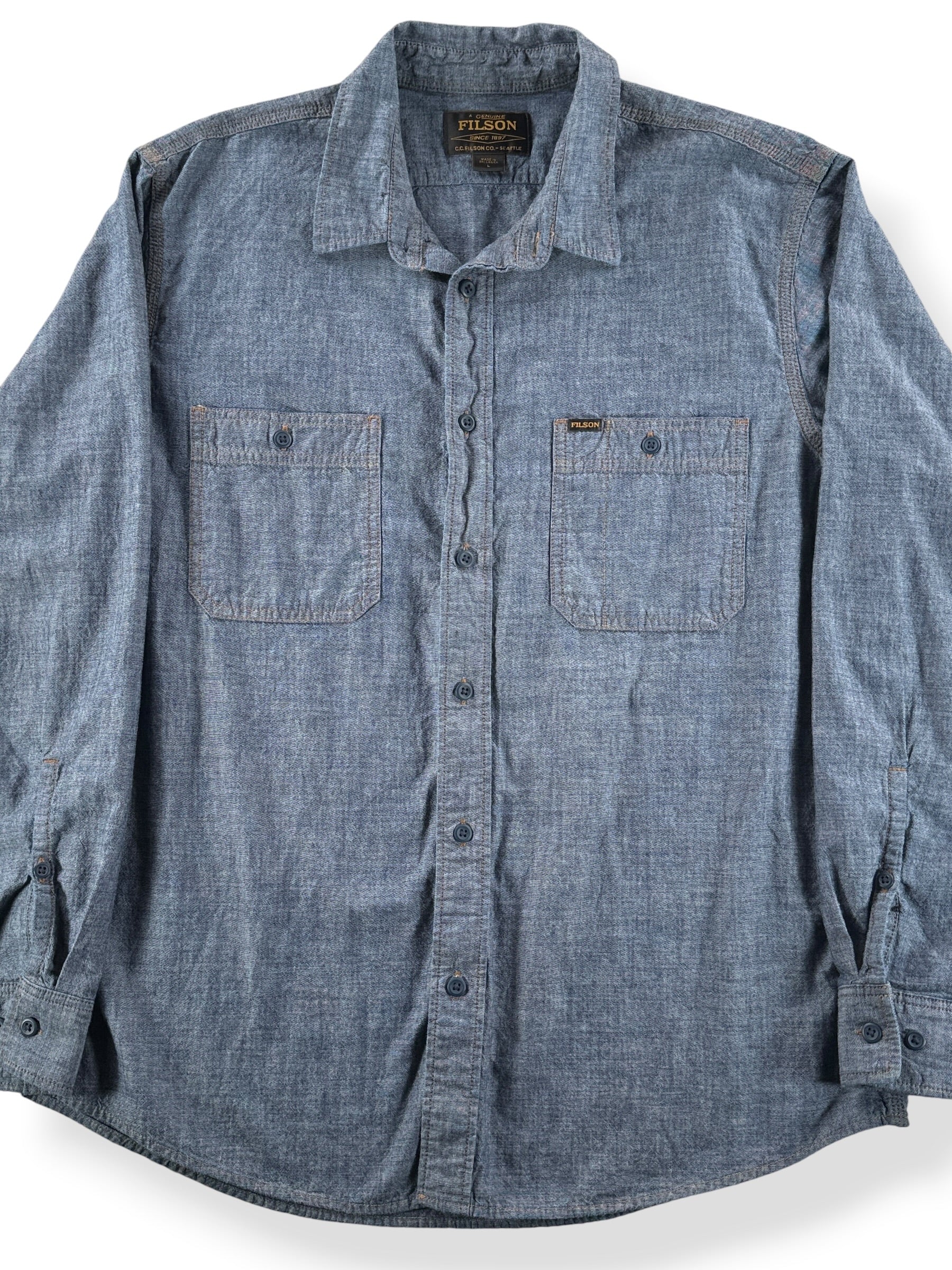 Front Close Up of Filson CPO Chambray Shirt SZ L