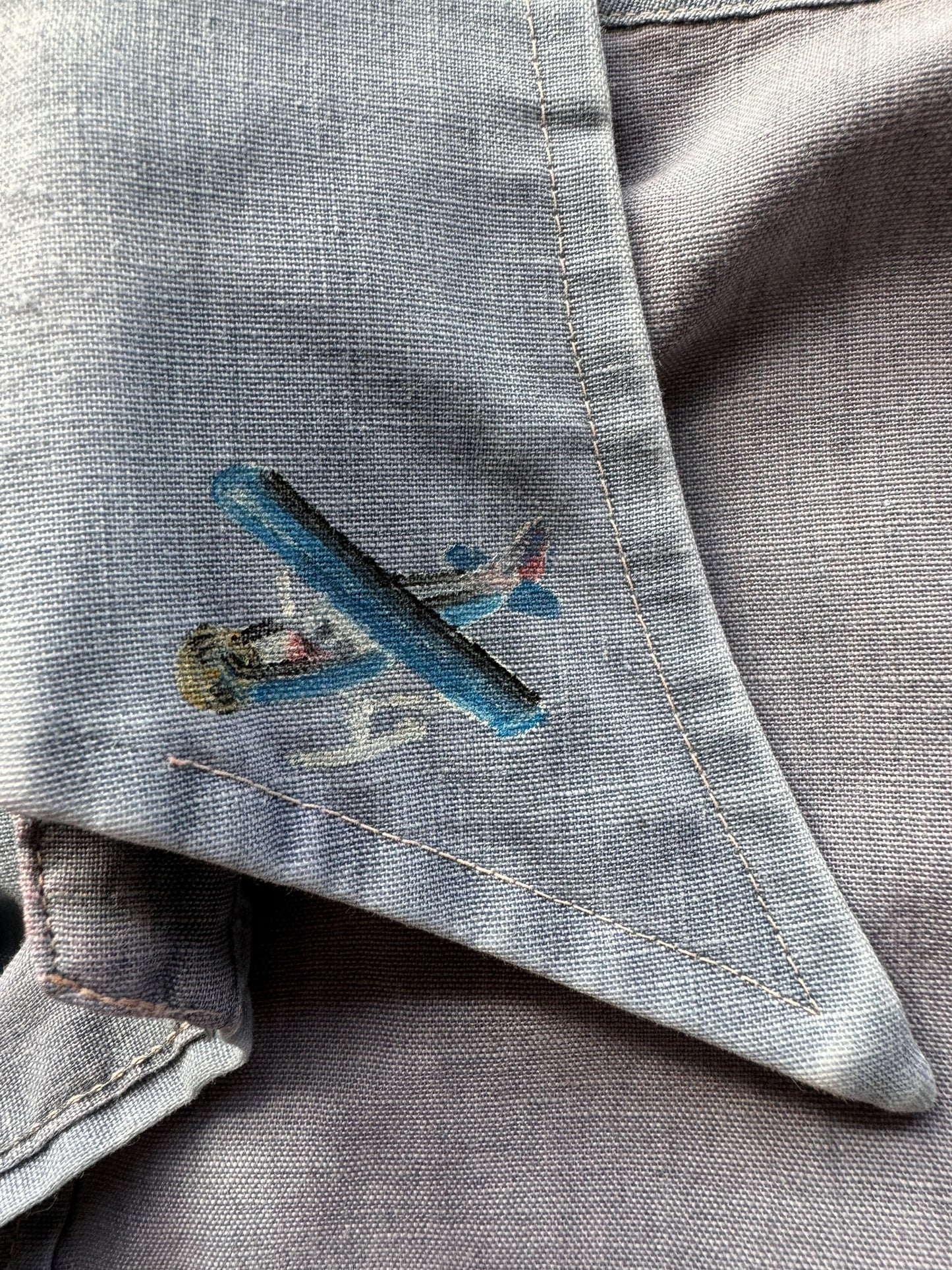 seaplane design on Vintage Handpainted Alaskan Chambray Shirt SZ L