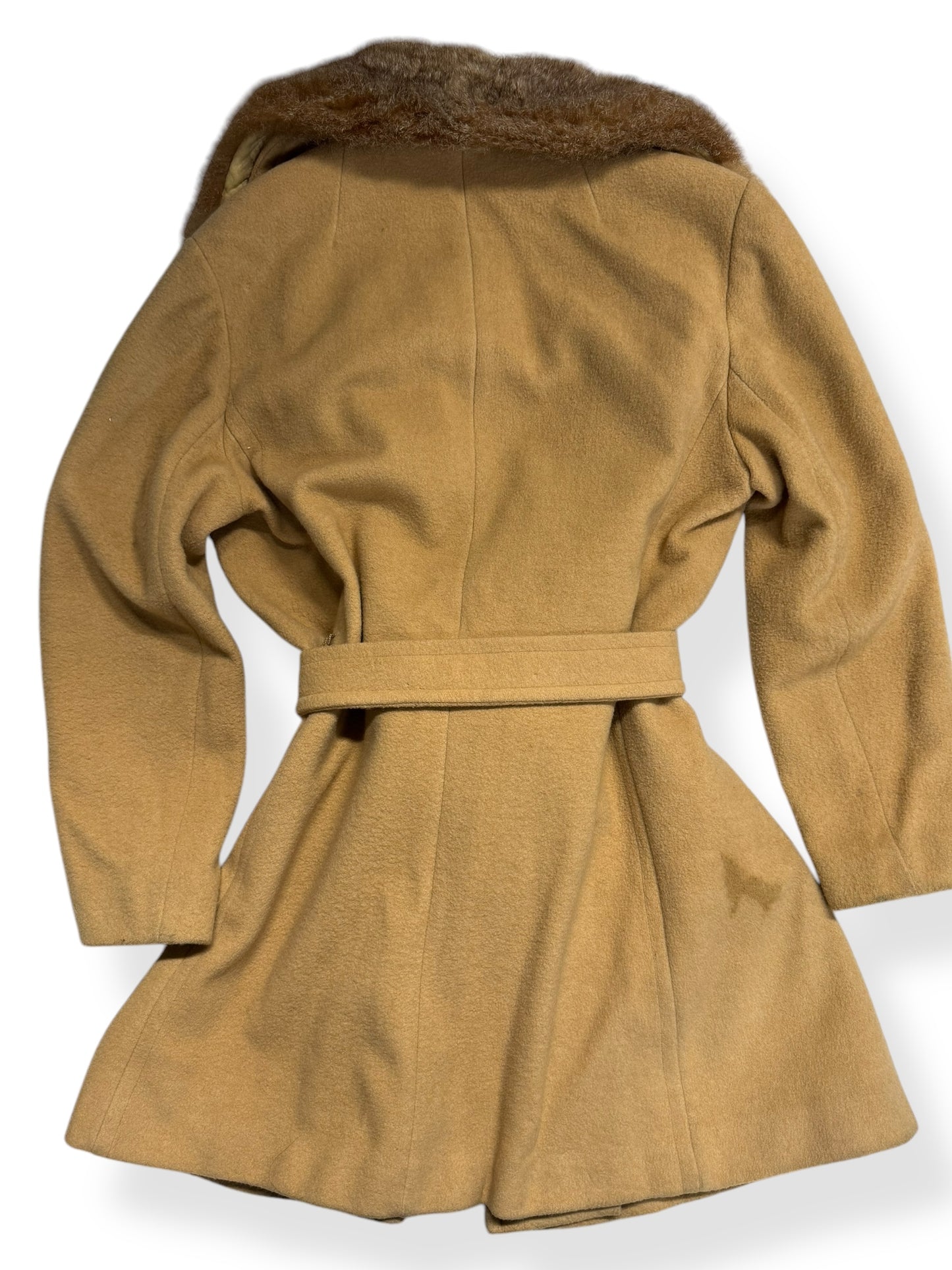 1960s Belted Camel Coat with Fur Collar M