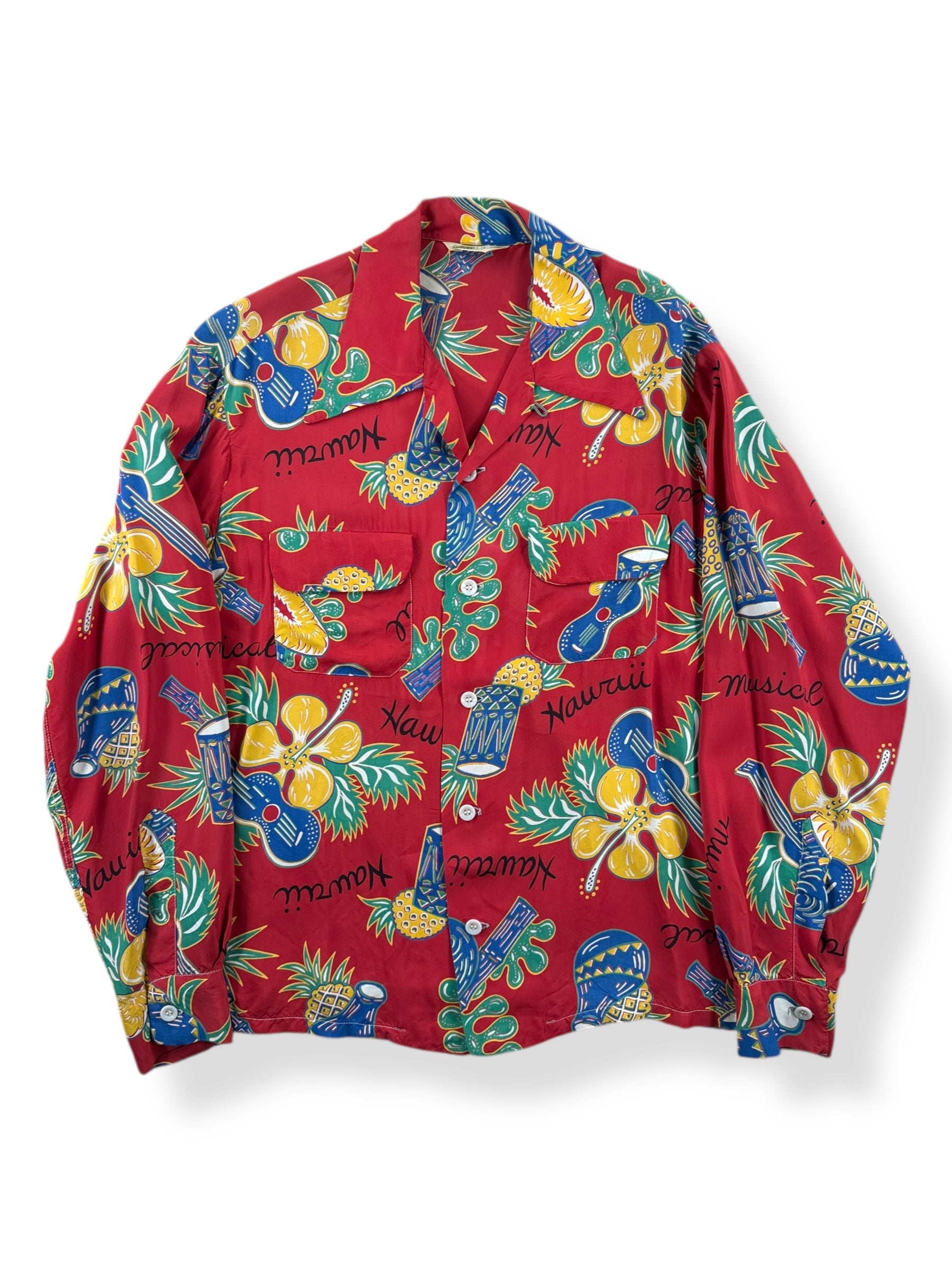 Front of Vintage Made in California Long Sleeve Rayon Aloha Shirt SZ M